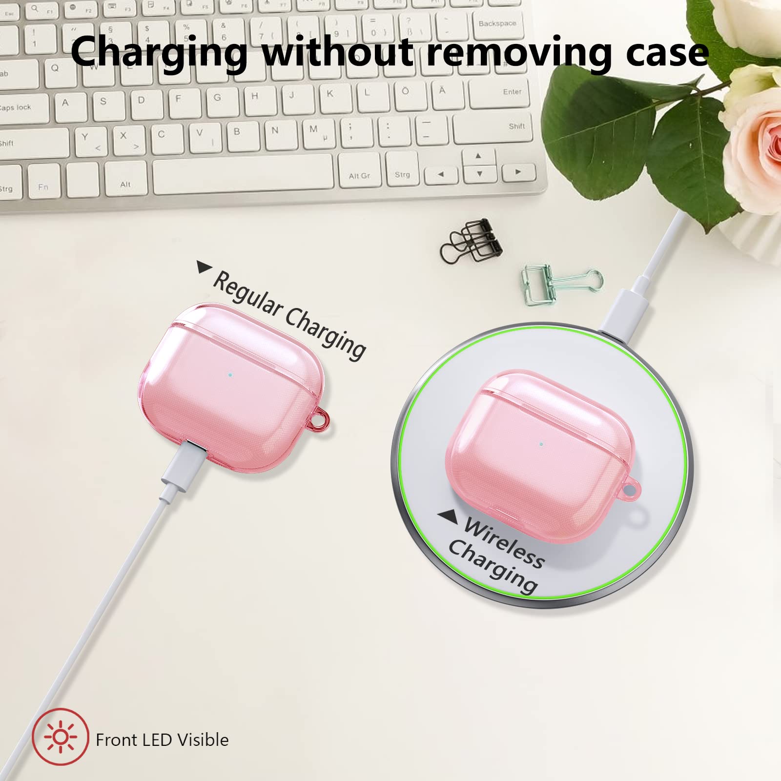 Clear Pink Soft TPU Protective Case for AirPods 3rd Generation - Shockproof Transparent Cover with Keychain | Compatible with AirPods 3 Charging Case | Perfect for Gym, Travel & Everyday Use