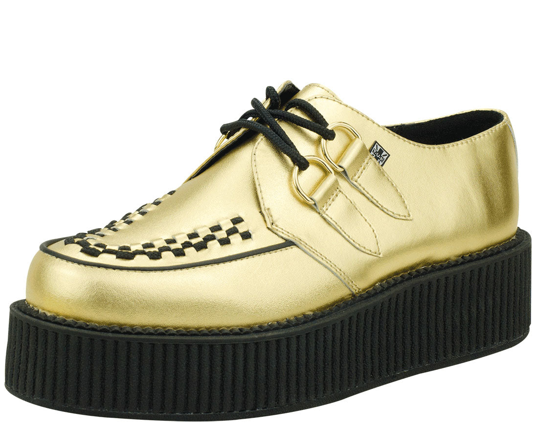 T.U.K Gold Leather Viva Mondo Creeper Shoes - Vintage Punk Rock Style Platform Sneakers for Women & Men | Perfect for Concerts, Nightlife & Alternative Fashion Outfits