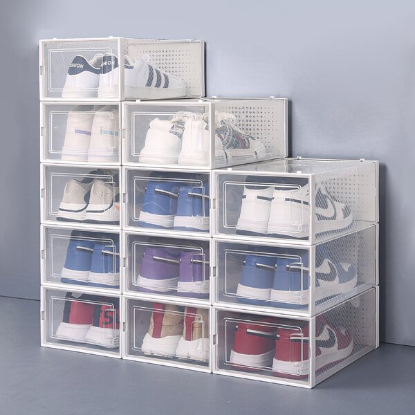 12 Pack Clear Stackable Shoe Storage Boxes - Space Saving Organizer for Closet, Entryway & Under Bed - Durable Plastic Shoe Boxes with Lids for Sneakers, Heels & Boots