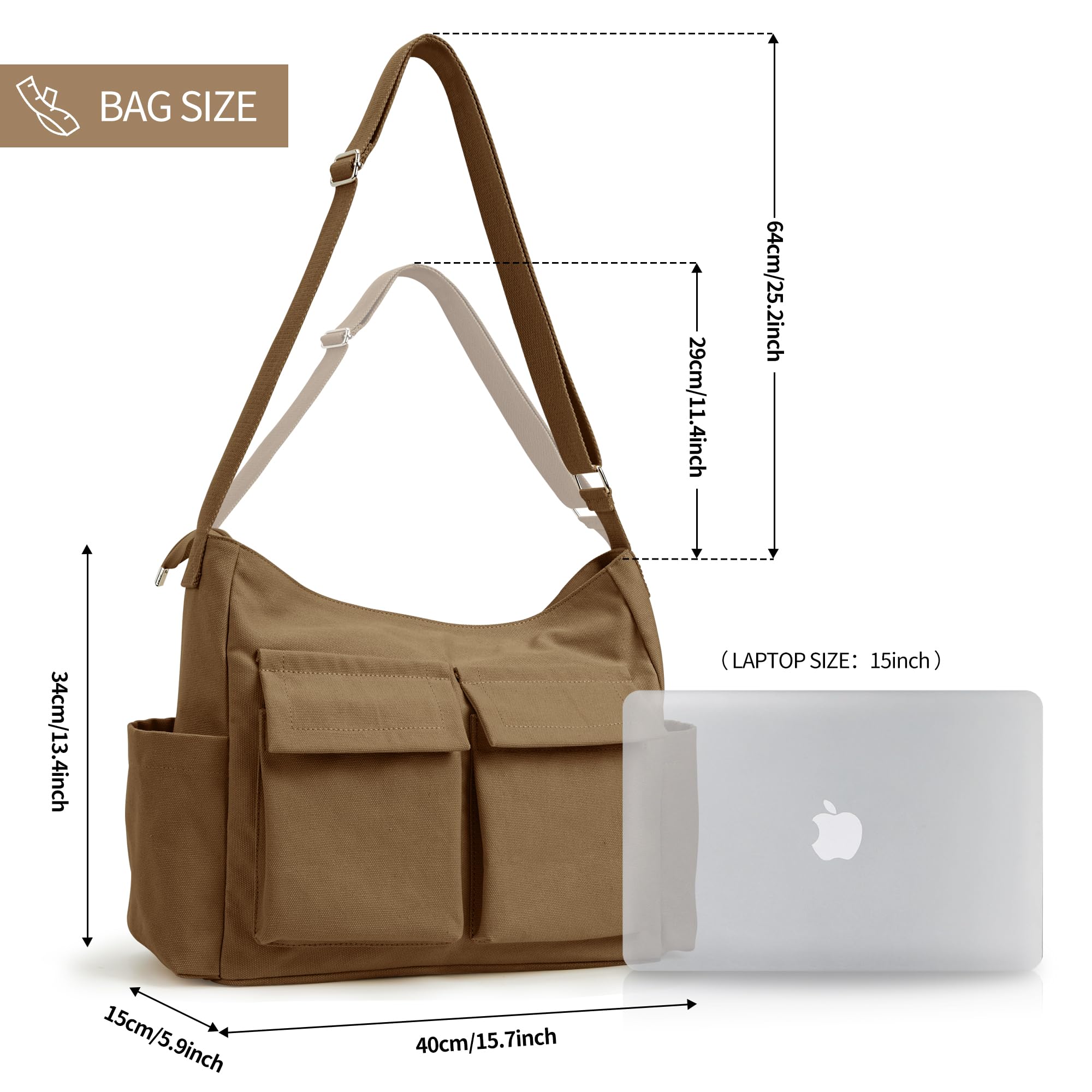 KALIDI Canvas Tote Bag - Large Crossbody Messenger Bag for Women & Men - Durable Casual Shoulder Bag for College, Work & Daily Use - Perfect for Shopping, Travel & Commuting