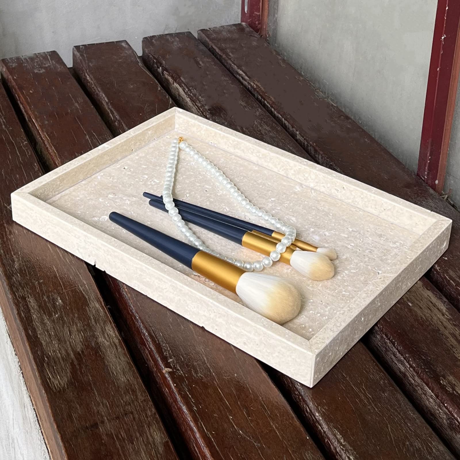 Natural Marble Vanity Tray for Cosmetics & Jewelry | Decorative Catchall Tray for Dresser, Bathroom & Kitchen | Beige Travertine Stone Organizer (11.8