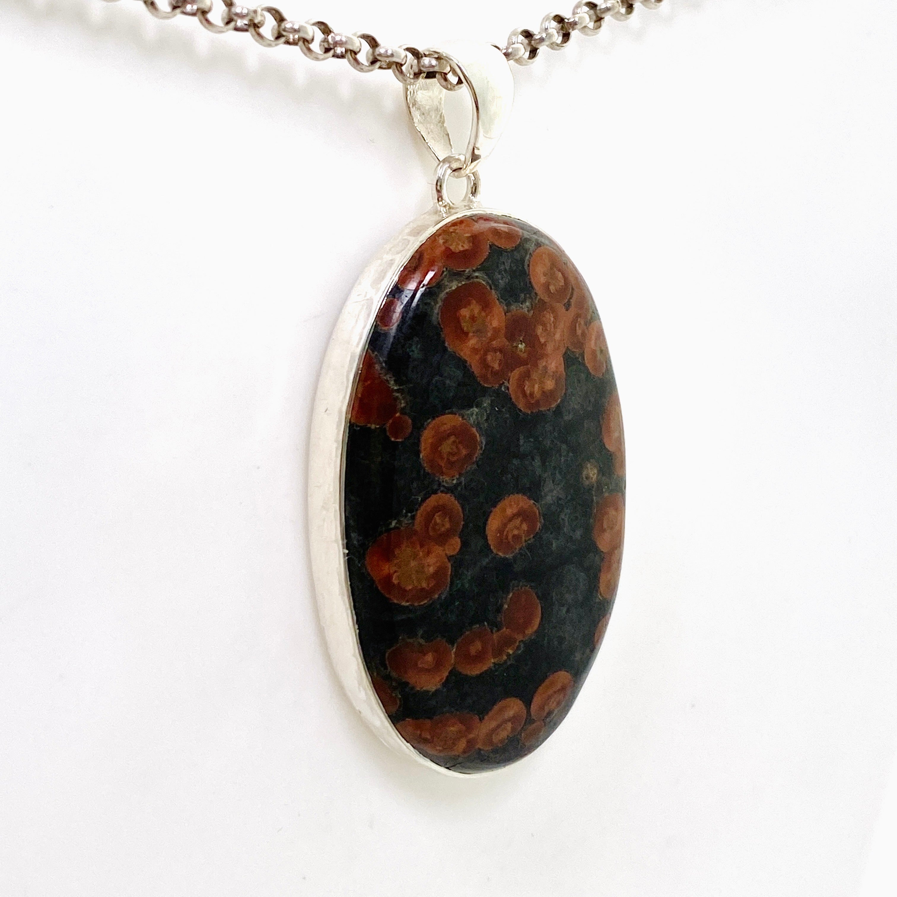 Natural Peanut Obsidian Perlite Oval Cabochon Pendant with Hammered Silver Setting KPGJ4769 - Elegant Handmade Jewelry for Women, Perfect for Gifts & Spiritual Healing