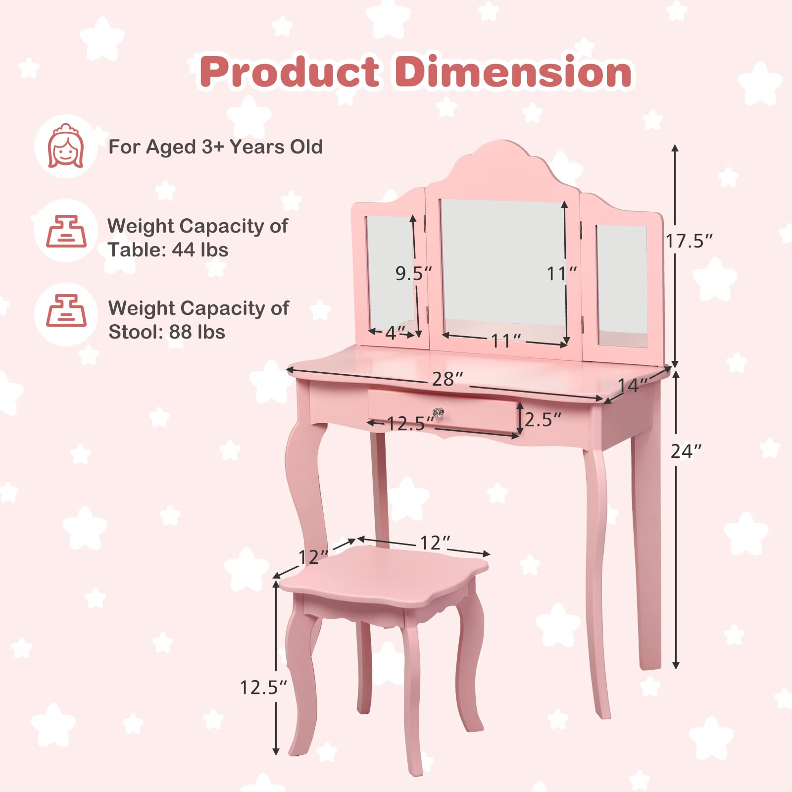 Honey Joy Kids Vanity Set with Mirror & Stool - Wooden Toddler Makeup Table for Girls (Pink) - Perfect for Pretend Play & Room Decor