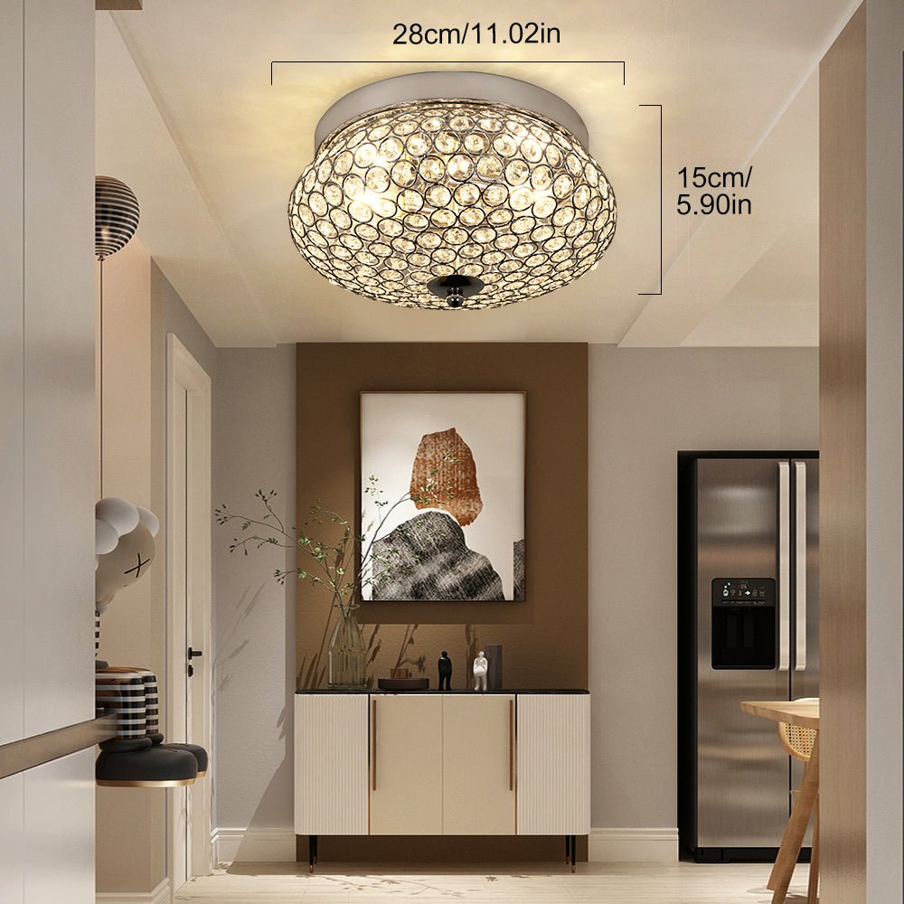Modern Crystal Chandelier Flush Mount Ceiling Light Fixture - 2-Light Crown Design for Bedroom, Kitchen, Living Room - Chrome Finish | Elegant Lighting for Home Decor & Dining Areas
