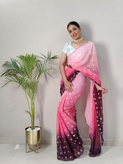 1 Minute Ready-to-Wear Georgette Saree with Embellished Foil Stitching - Perfect for Weddings, Parties & Special Occasions