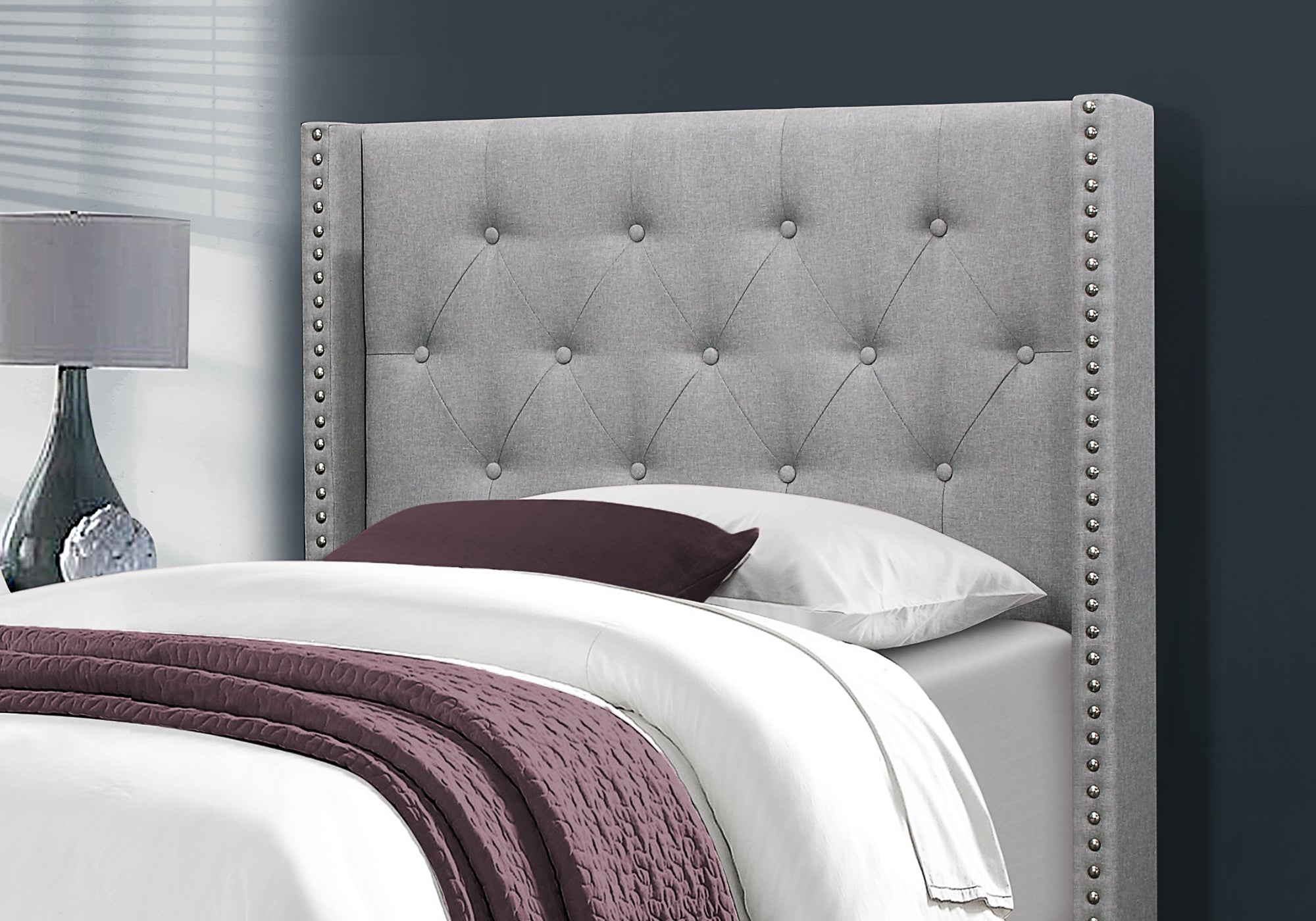 Twin Size Bed Frame with Grey Linen Upholstery and Chrome Trim - Perfect for Modern Bedrooms, Guest Rooms, and Small Spaces