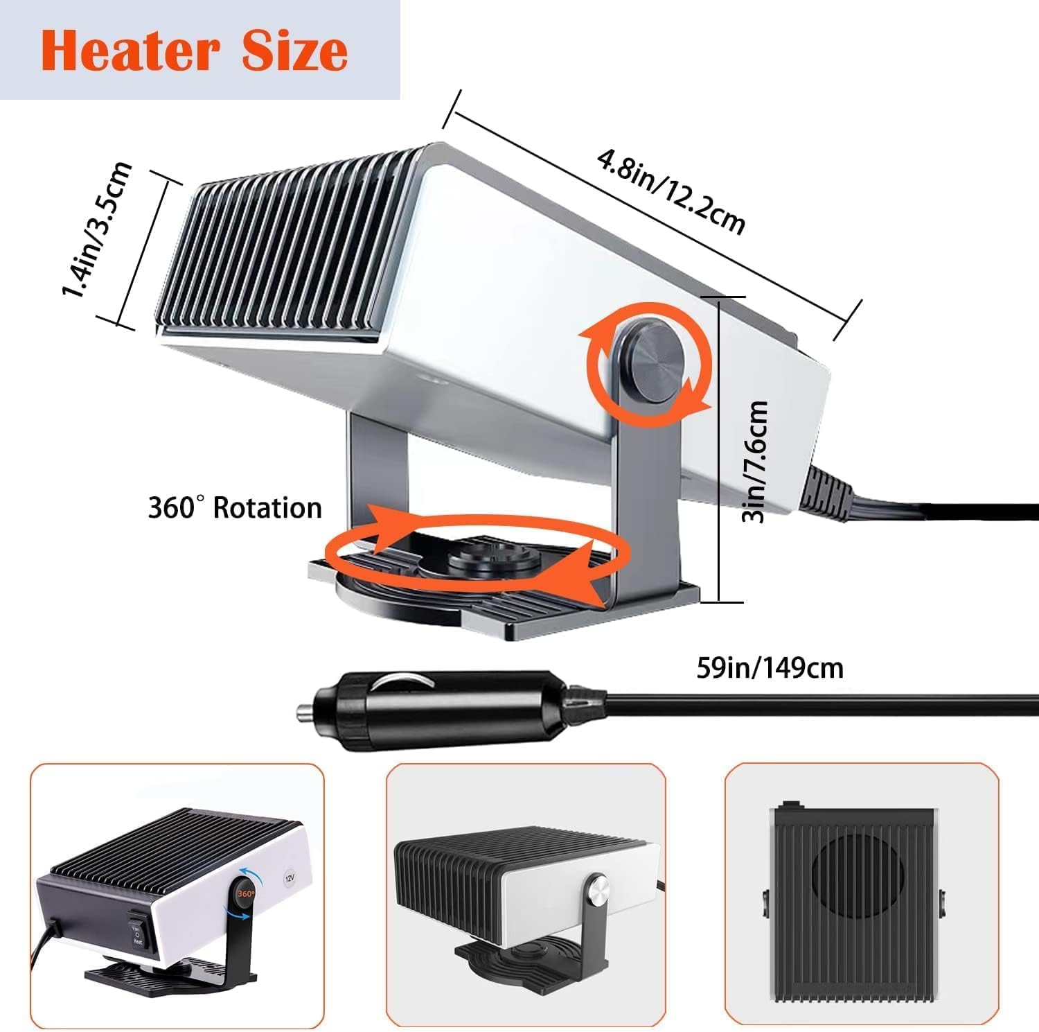MASO 12V Portable Car Heater - Fast Defrosting & Warming Solution with Cigarette Lighter Plug - Perfect for Winter Commutes, Road Trips & Emergency Heating