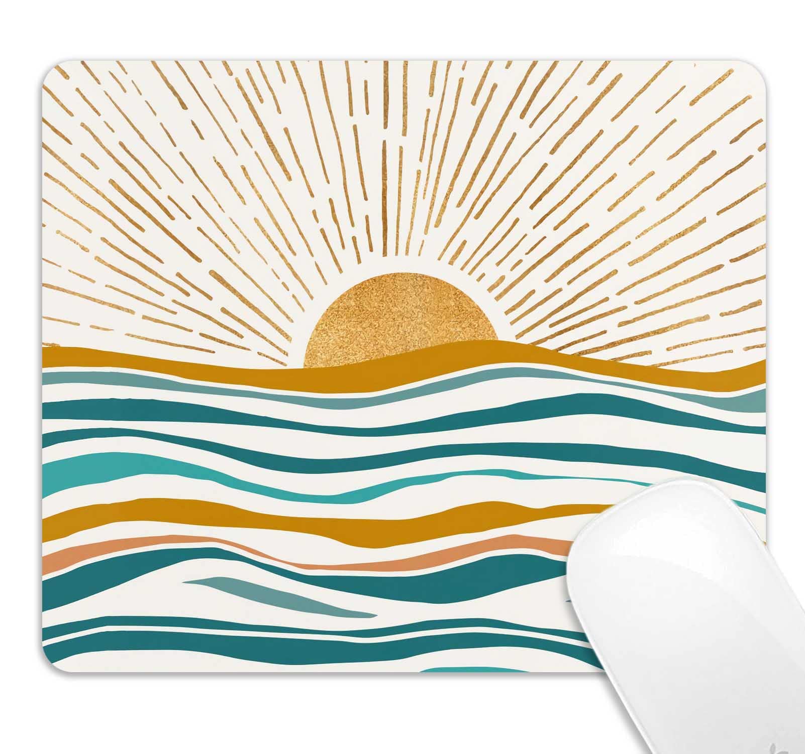 Gold Sun and Sea Abstract Art Mouse Pad - Ocean Waves Design in Gold & Teal - Non-Slip Computer Mousepad for Laptop & PC (9.5x7.9 Inch) - Perfect Gift for Women & Men - Ideal for Office, Gaming & Home Workspace