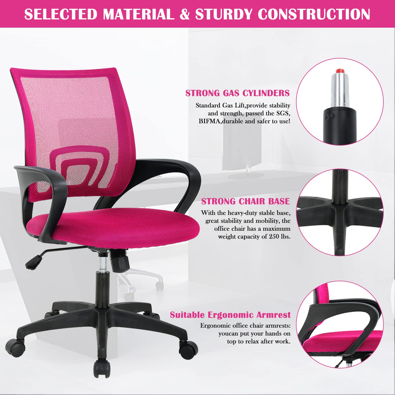 Ergonomic Pink Office Chair with Lumbar Support & Adjustable Armrests - Mesh Back Computer Desk Chair for Women, Mid Back Executive Task Chair with Rolling Swivel Base - Perfect for Home Office, Gaming Setup, and Kids Study Desk