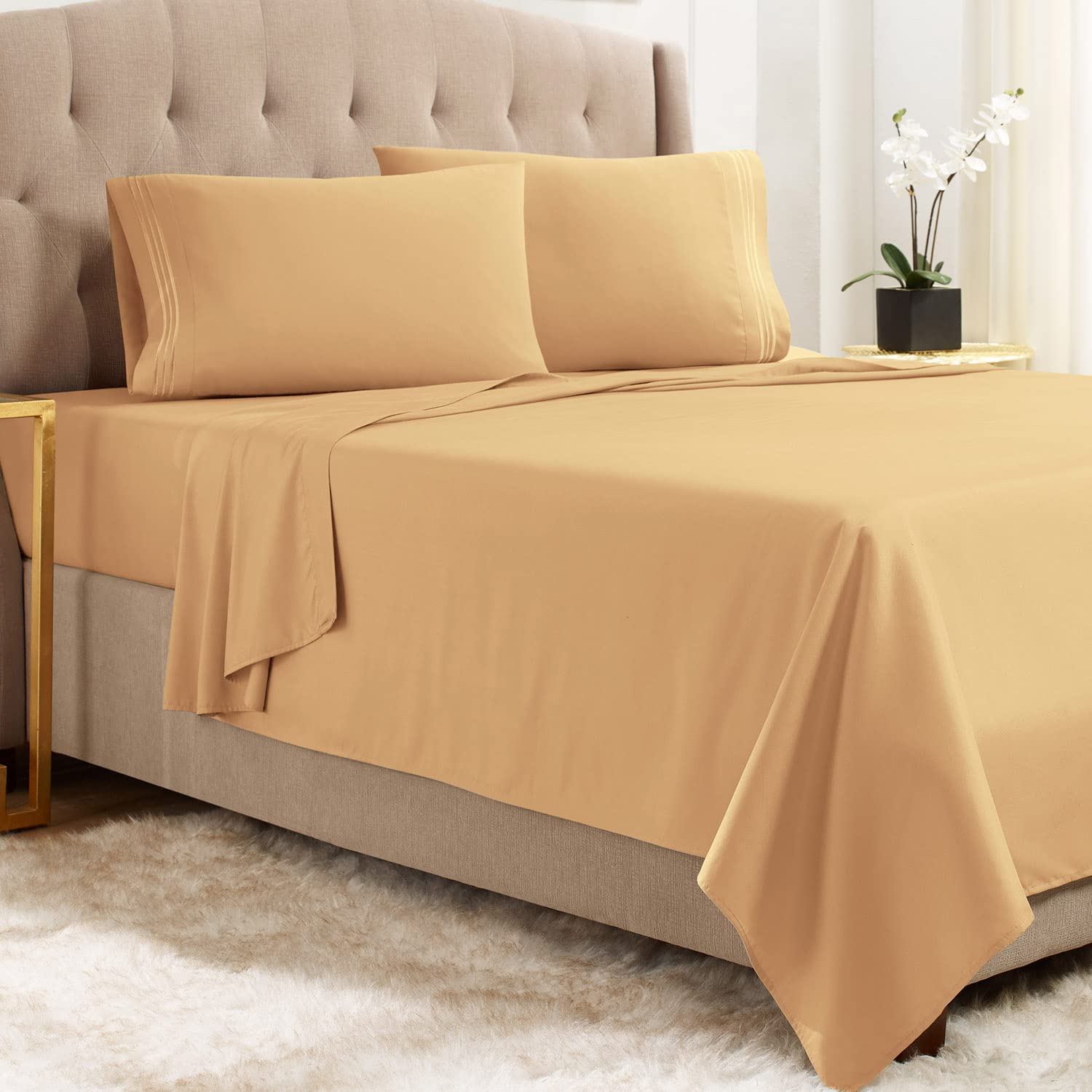 Premium California King Sheet Set - 4PC Ultra Soft Double Brushed Microfiber Bed Sheets in Luxurious Camel Gold - Hotel Quality with Deep Pockets & Elastic Corners - Perfect for Master Bedrooms, Guest Rooms & Luxury Hotels