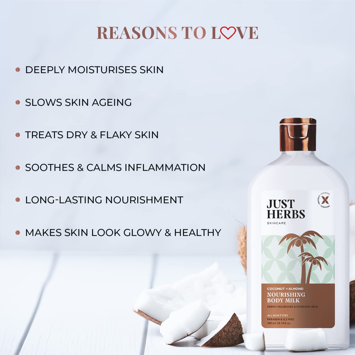 Just Herbs Nourishing Body Milk with Coconut & Almond Oil | Hydrating & Moisturizing Lotion for Dry Skin - 300ml | Perfect for Winter Care & Daily Body Hydration for Men & Women