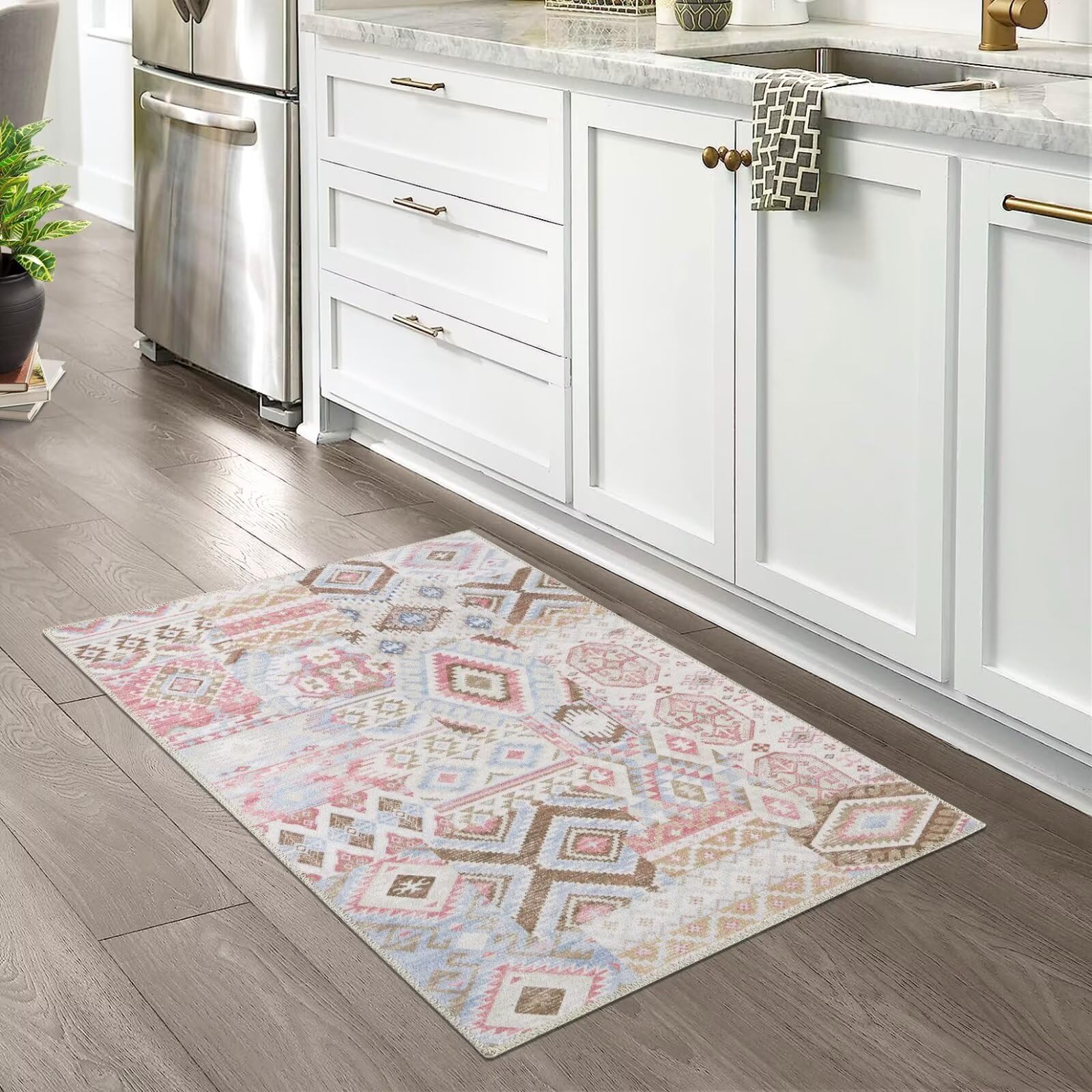 GARVEE 2x3 Washable Non-Slip Chenille Rug - Farmhouse Entryway Mat for Kitchen, Bathroom, Bedside & Front Door - Low Pile Tribal Throw Carpet in Pink | Perfect for High-Traffic Areas & Cozy Home Decor