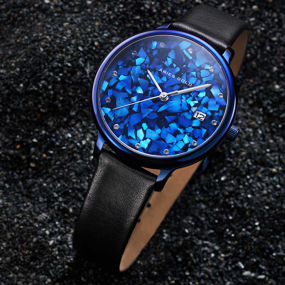 Aries Gold Enchant Fleur Blue Leather Strap Women's Watch - Elegant Timepiece for Casual Wear, Office & Special Occasions