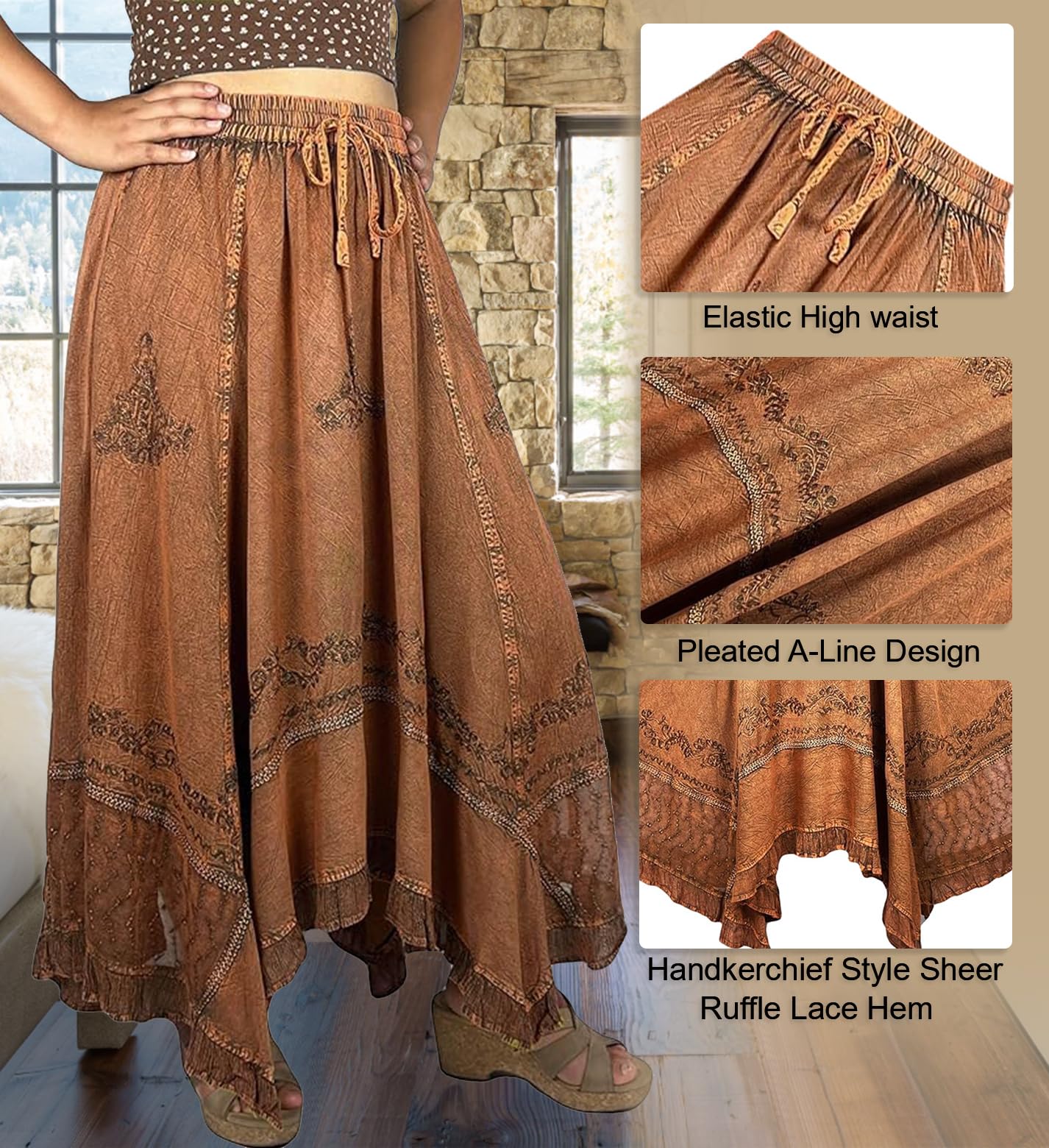 Agan Traders 2025 Spring Women's Flowy Handkerchief Hem Midi Maxi Skirt - Bohemian Embroidered Ruffle Long Skirt for Casual, Beach & Festival Wear
