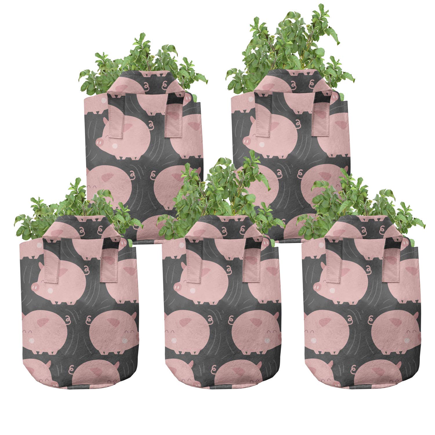 Lunarable Cartoon Grow Bags 5-Pack - Smiling Cheerful Pig Design Heavy Duty Fabric Plant Pots with Handles for Indoor/Outdoor Gardening (Grey & Blush) - Perfect for Vegetables, Flowers & Herbs