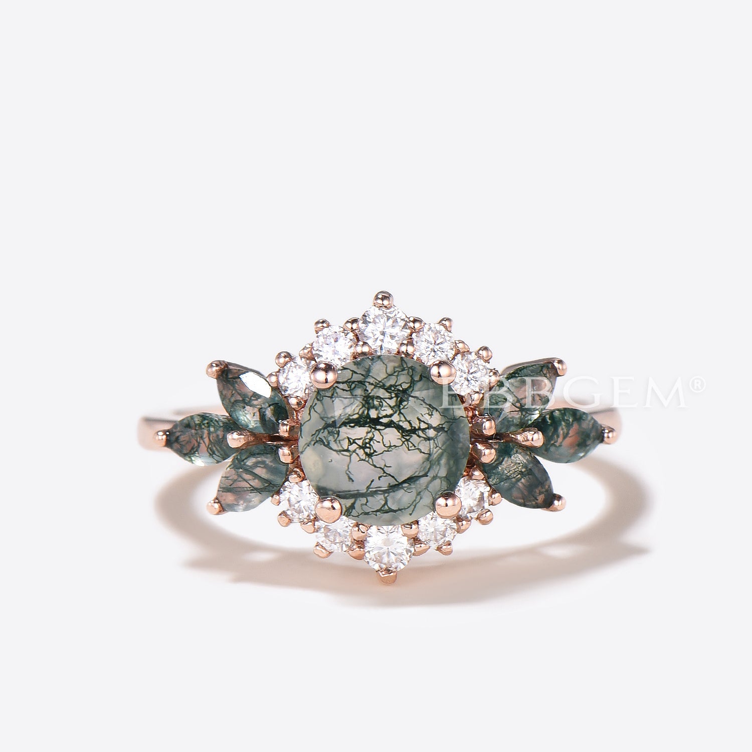 Natural Moss Agate Cluster Diamond Halo Ring - Round Cut Green Agate Bridal Set for Engagement, Wedding & Anniversary Jewelry Gift