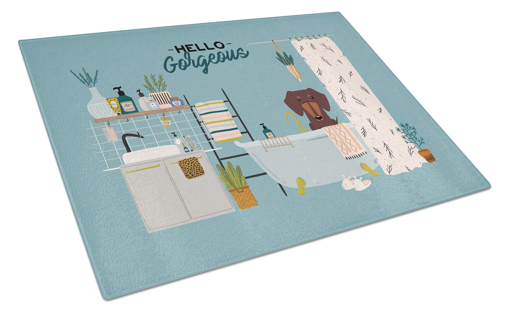 Chocolate Dachshund in Bathtub Tempered Glass Cutting Board - Large Decorative Kitchen Serving & Chopping Board for Entertaining | Durable Scratch-Resistant Glass Cutting Surface for Charcuterie, Cheese & Appetizers