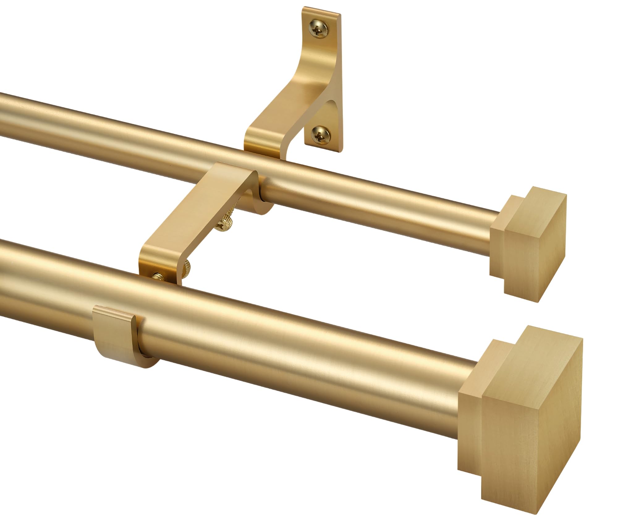 1 Inch Modern Double Window Curtain Rods - Adjustable 72-144 Inch Telescoping Heavy Duty Drapery Rod with Decorative Square Allufer Finials - Brushed Gold Finish for Living Room, Bedroom & Home Decor