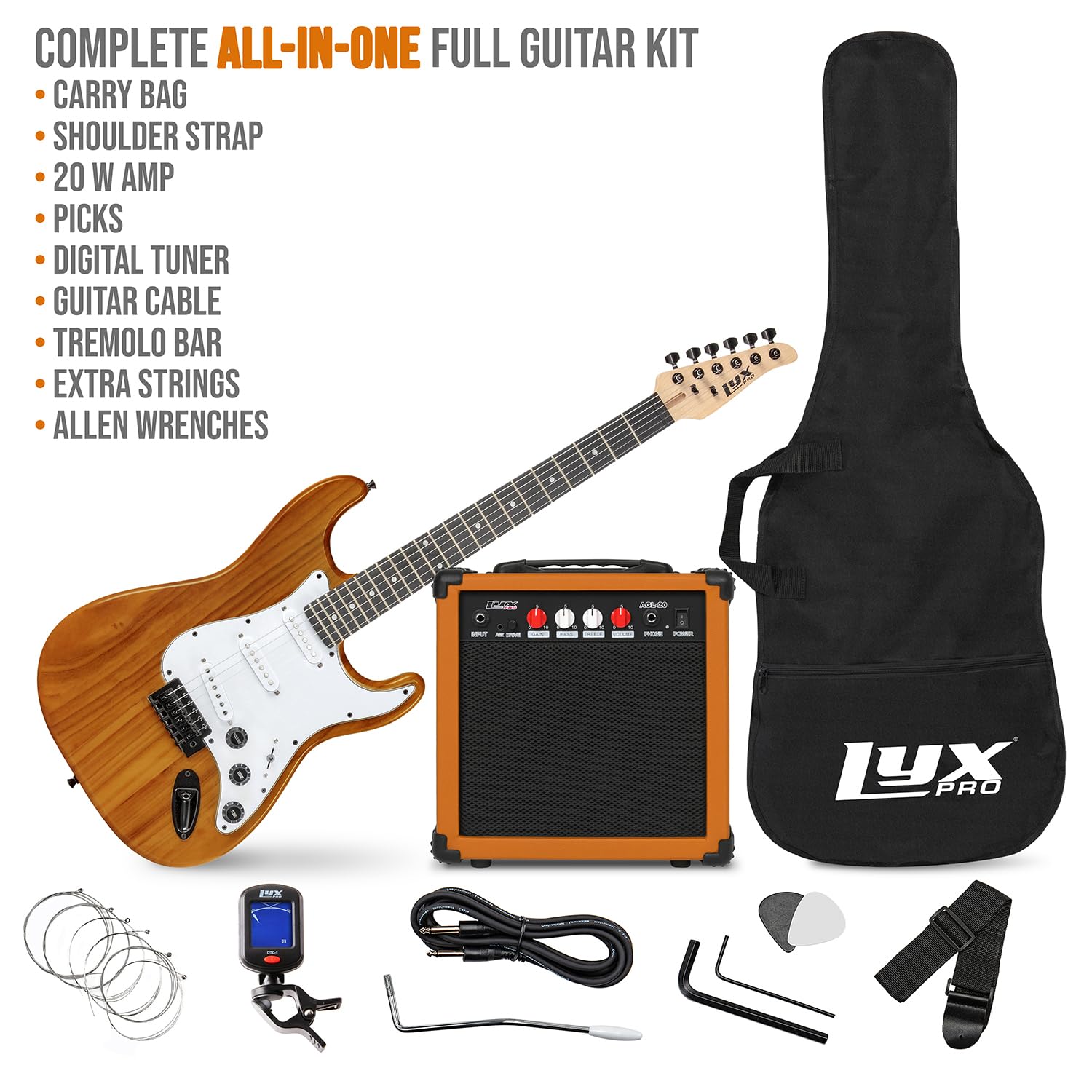 LyxPro 39 Inch Full Size Electric Guitar Starter Kit with 20W Amplifier - Mahogany Body, Digital Clip-On Tuner, 6 Strings, 2 Picks, Tremolo Bar, Shoulder Strap & Case Bag - Perfect for Beginners, Practice, Live Performances & Home Recording