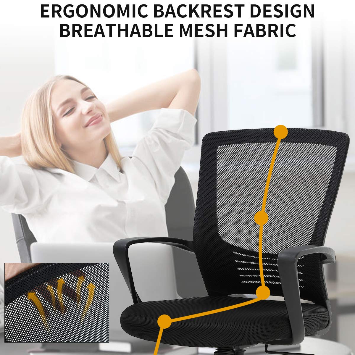 Ergonomic Office Chair with Adjustable Height, Lumbar Support & Armrest - Breathable Mesh Computer Desk Chair for Home Office, Rolling Swivel Task Chair for Adults (Black) - Perfect for Long Work Hours & Remote Work Comfort