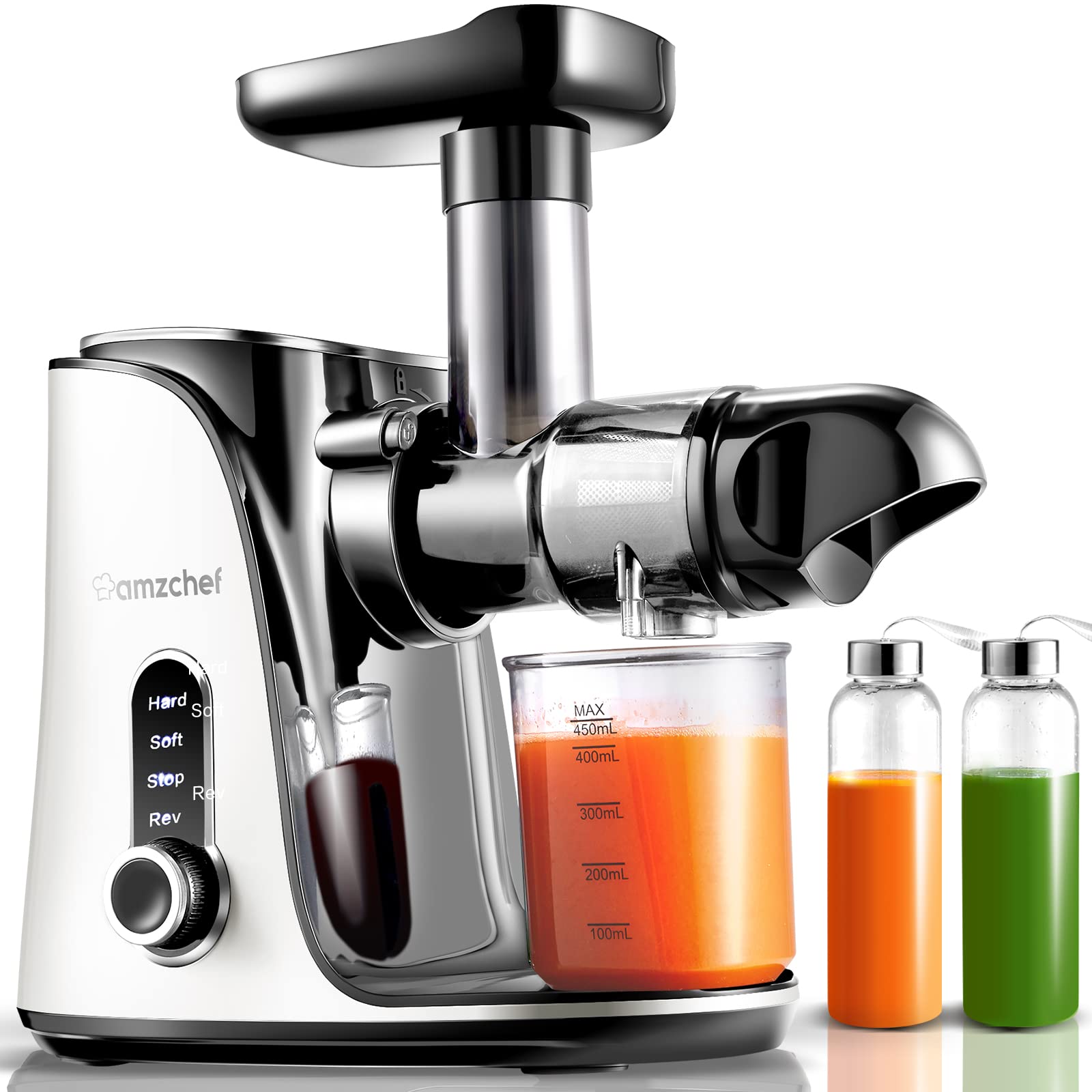 AMZCHEF Slow Masticating Juicer Extractor - Cold Press Juicer with 2 Speed Modes, 500ML Travel Bottles, LED Display & Quiet Motor | Easy to Clean for Fruits & Vegetables | Perfect for Healthy Juicing at Home, Gym or Office (White)