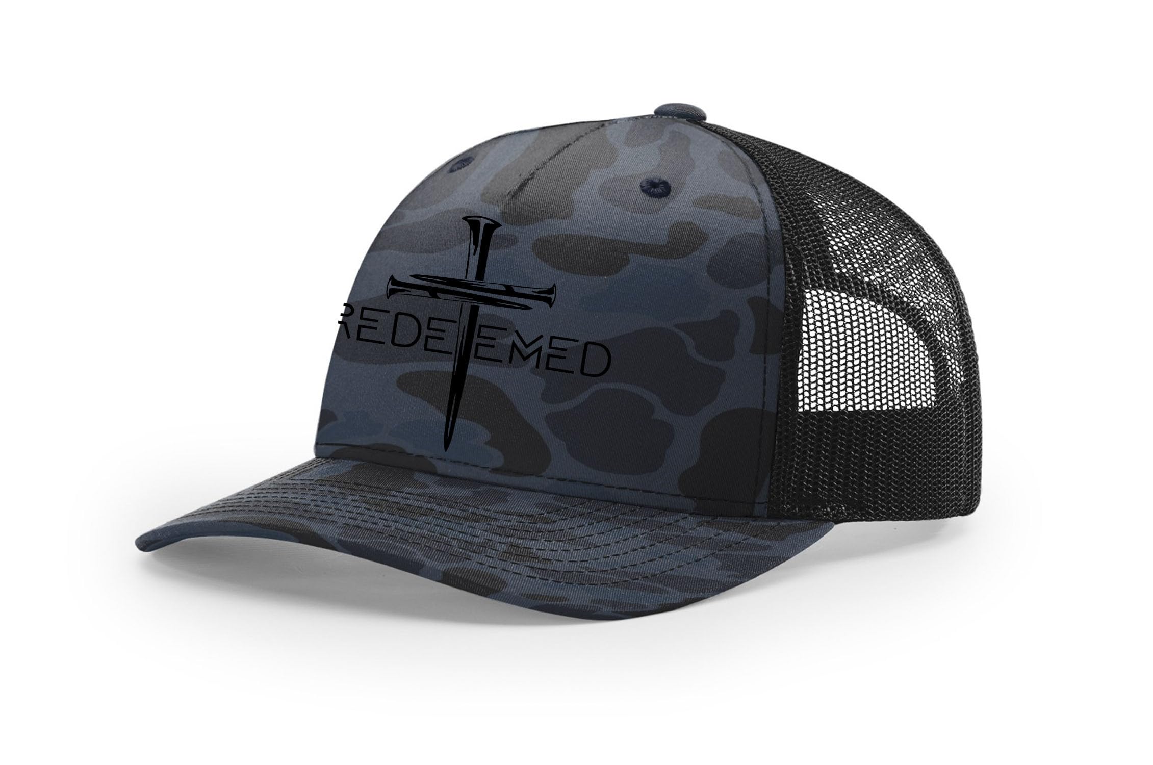Christian Redeemed Cross Nails Men's Embroidered Mesh Back Trucker Hat - Religious Gift for Fathers, Church Events & Outdoor Activities