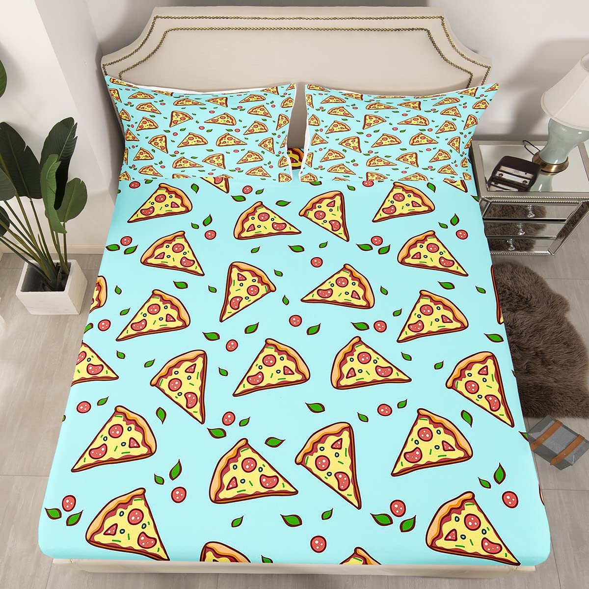 Feelyou Pizza Themed Bed Set - Fast Food Print Twin Size Bedding for Kids & Teens - Includes 1 Sheet & 1 Pillowcase - Fun Food Design for Boys & Girls Bedrooms - Perfect for Pizza Lovers' Rooms, Sleepovers & Themed Parties