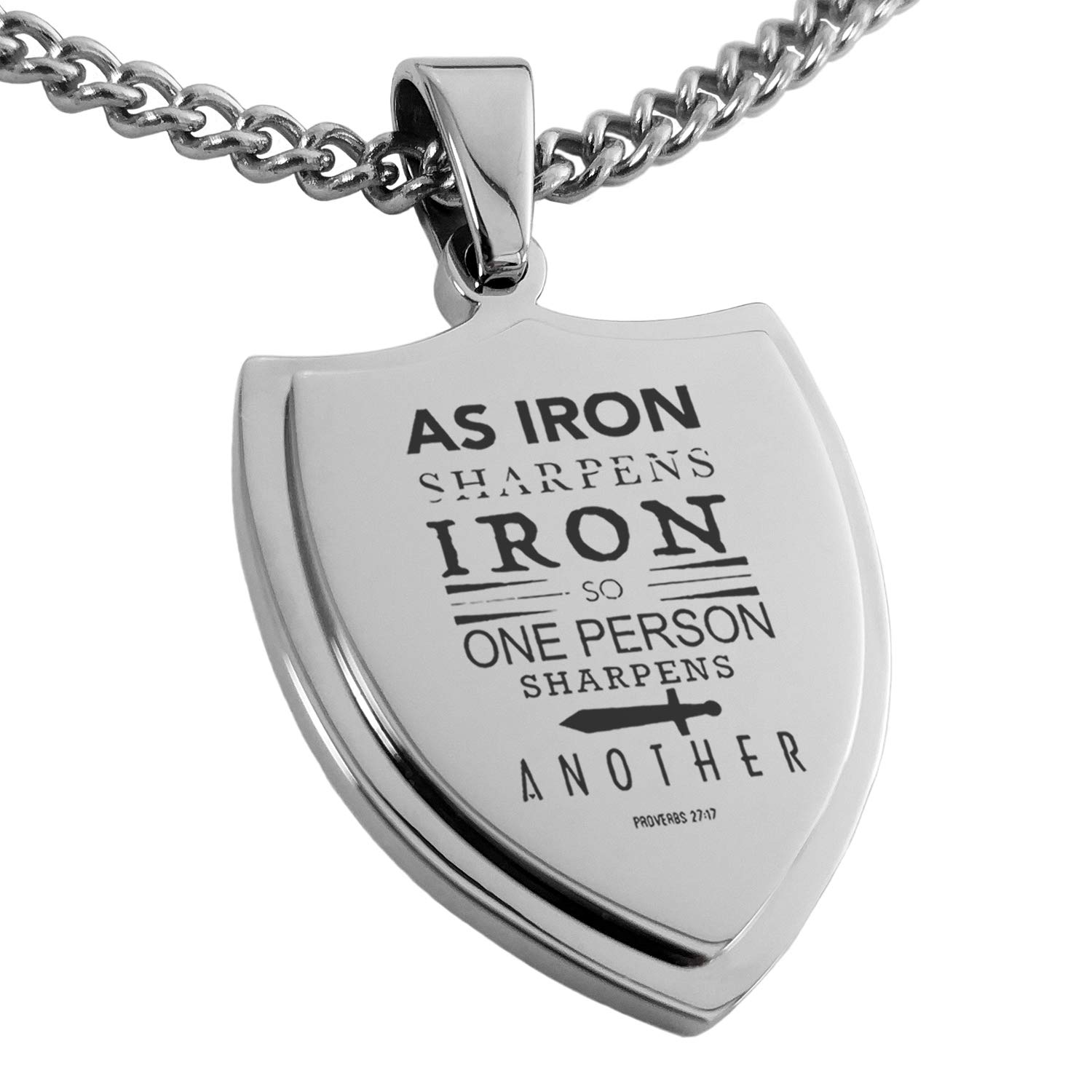 Stainless Steel 'As Iron Sharpens Iron' Proverbs 27:17 Shield Pendant Necklace - Inspirational Christian Jewelry Gift for Men & Women, Perfect for Church, Bible Study & Daily Encouragement