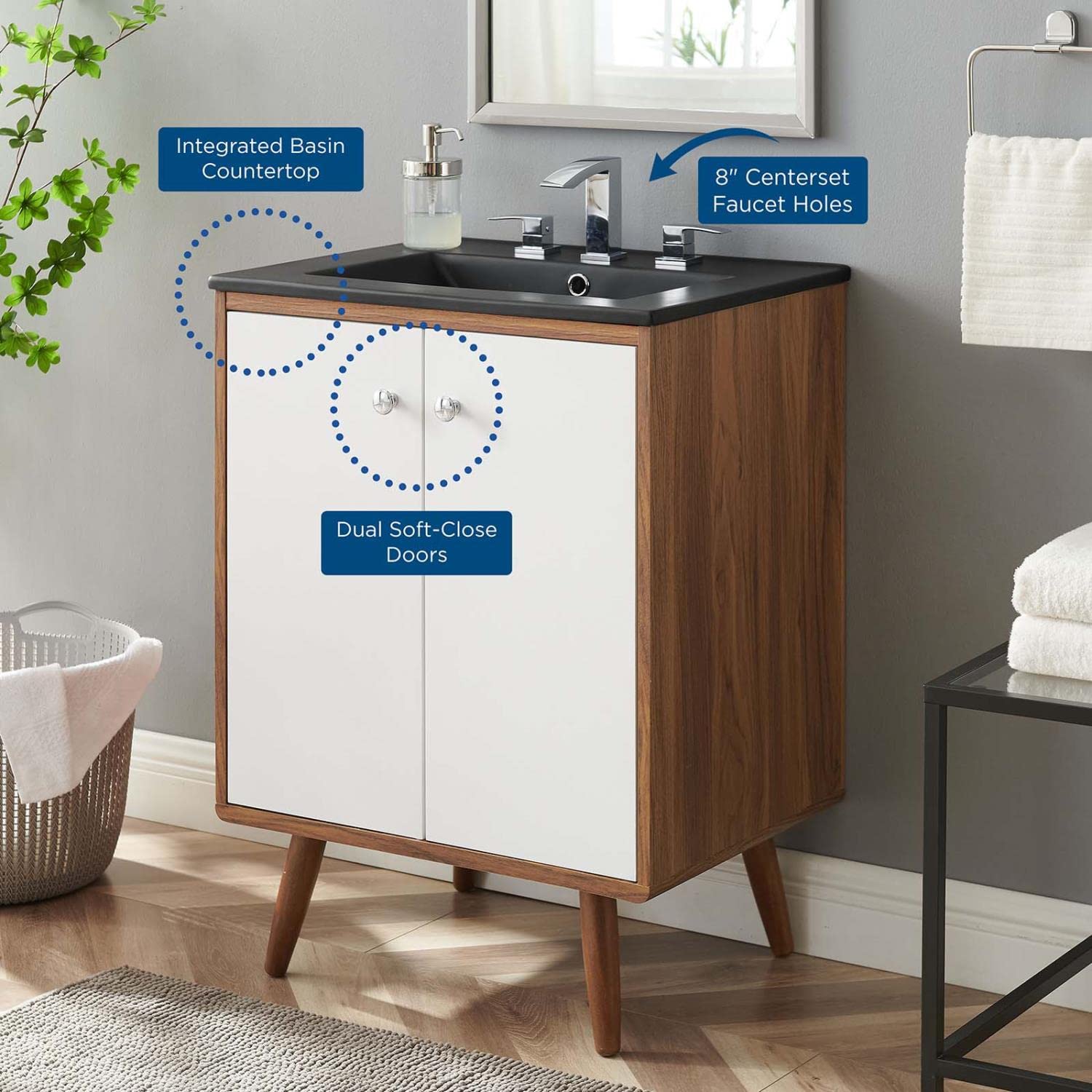 Modway Transmit 24 Inch Modern Bathroom Vanity with Sink - White & Black Finish for Small Bathrooms | Space-Saving Design Perfect for Apartments, Guest Baths & Powder Rooms