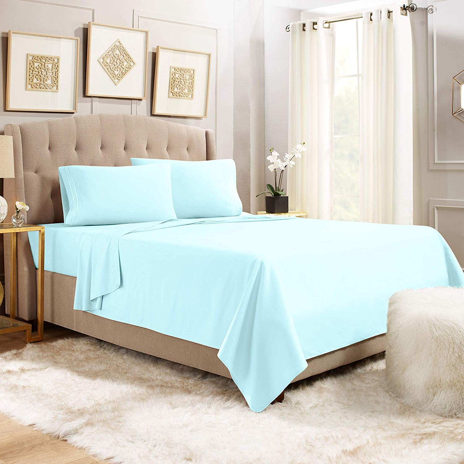 Luxury 1800TC Egyptian Cotton Queen Sheet Set - 6PC Sky Blue for Bedroom Comfort