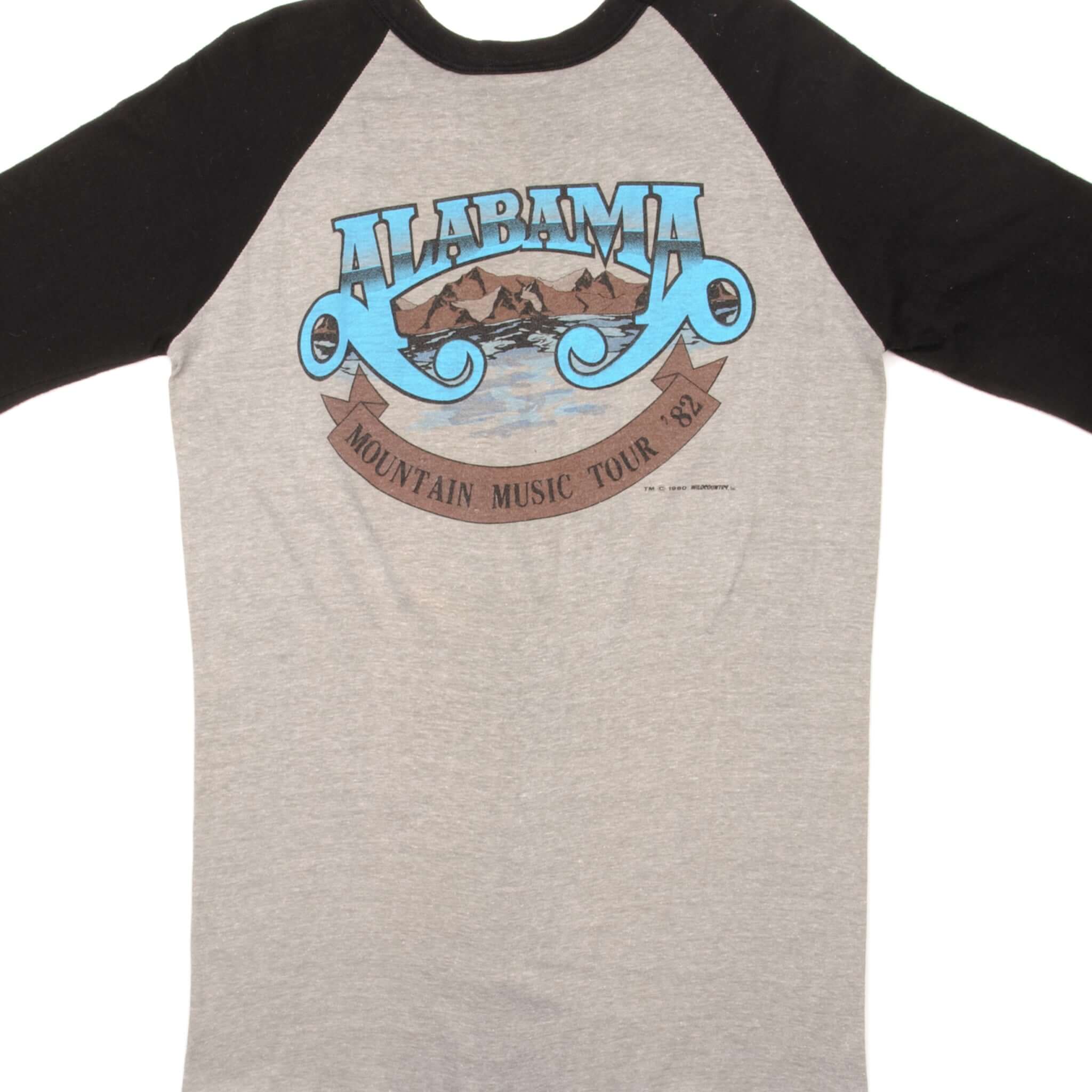 Vintage Alabama Mountain Music Tour 1982 Raglan Tee Shirt - Small Size, Made in USA - Perfect for Concerts, Festivals & Retro Fashion