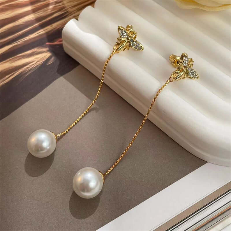 Dainty Bumble Bee Pearl Drop Earrings for Women - Elegant Gold Plated Dangle Earrings with Freshwater Pearls | Perfect for Weddings, Parties & Everyday Wear (DMS271)