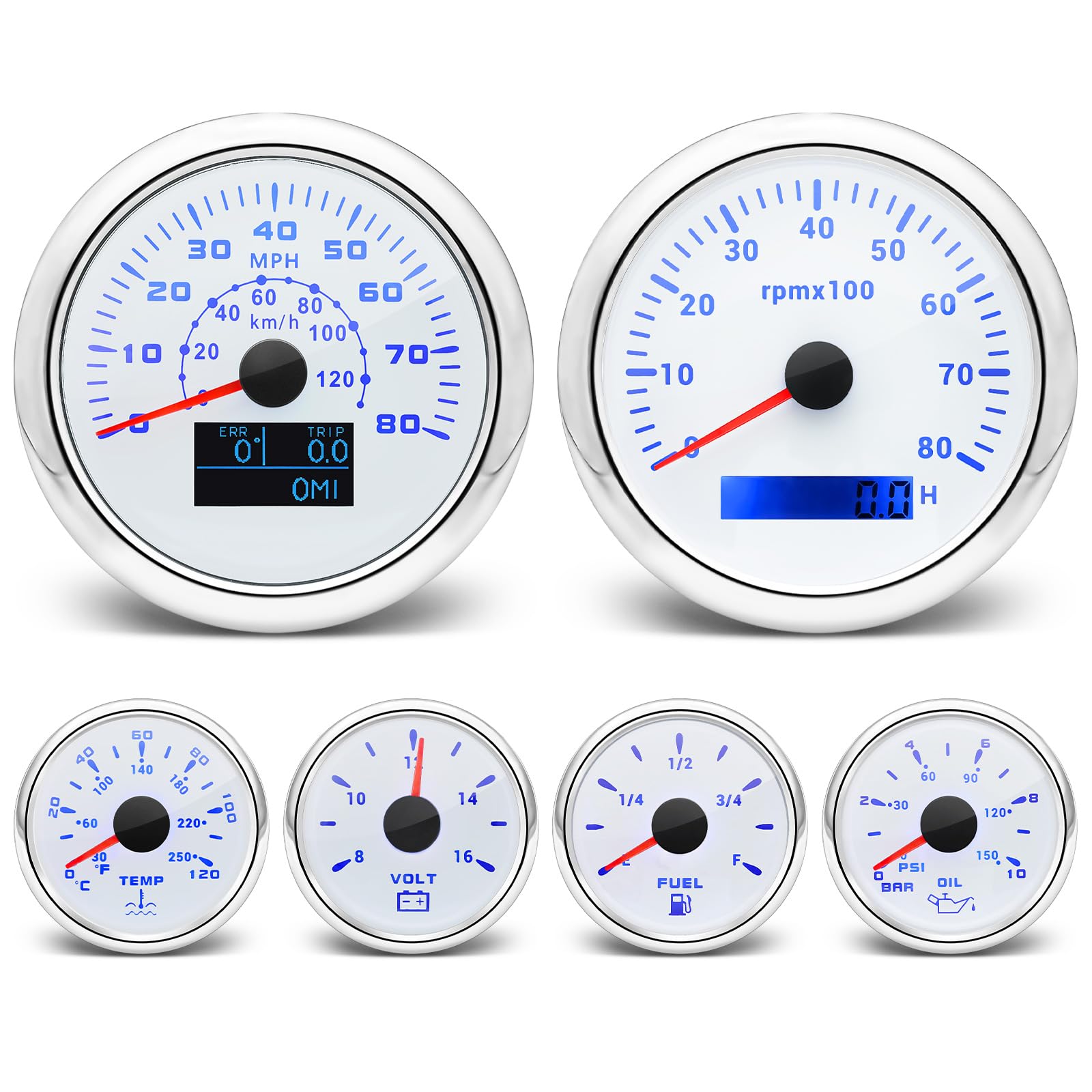 ARTILAURA 6 Gauge Marine Dashboard Set - GPS Speedometer, Tachometer, Oil Pressure, Fuel Level, Water Temp & Voltmeter with 7 Color Backlight for Boats, Yachts & Auto (White) | Perfect for Marine Navigation & Vehicle Performance Monitoring