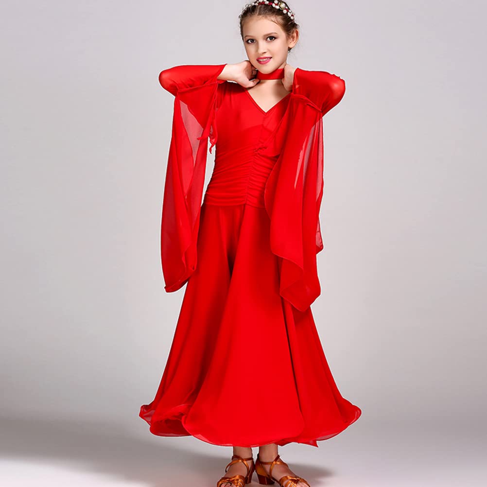 Elegant Kids Long Sleeve Ballroom Dance Dress with Floating Yarn Design - Competition & Performance Outfit for Girls - Perfect for Ballet, Waltz, and Formal Events