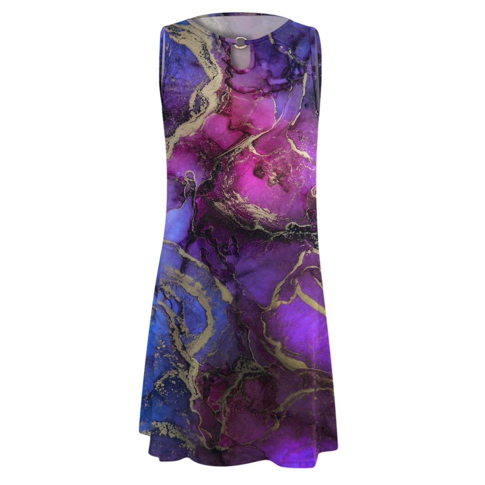 Women's A-Line Casual Dress - Marble Print Sleeveless O-Neck Hollow Out Long Dress for Workout, Beach & Summer Vacations | Sexy Flowy Dress for Date Night & Outdoor Activities