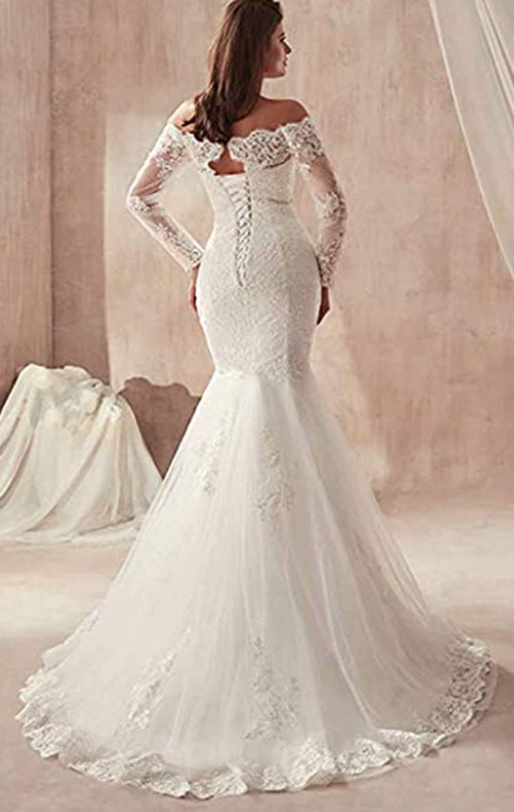 Off Shoulder Long Sleeve Lace Mermaid Wedding Dress for Bride - Elegant A-Line Bridal Gown for Women | Perfect for Beach, Church & Formal Weddings
