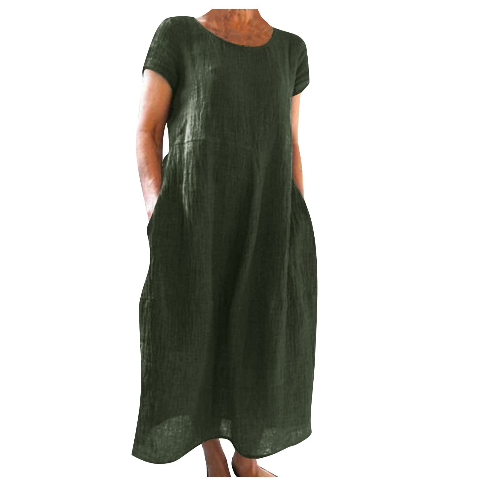 HKIBBFH Women's Summer Cotton Linen Maxi Dress - Short Sleeve Round Neck Loose Fit Kaftan Dress with Pockets | Perfect for Beach Vacation, Casual Outings & Boho Style Fashion