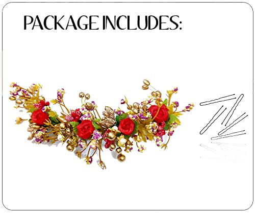 Elegant Floral Hair Vine with Leaves, Beads & Pearls - Women's Hair Accessories for Weddings, Prom & Special Occasions - Red Juda Bun Pin (2300)