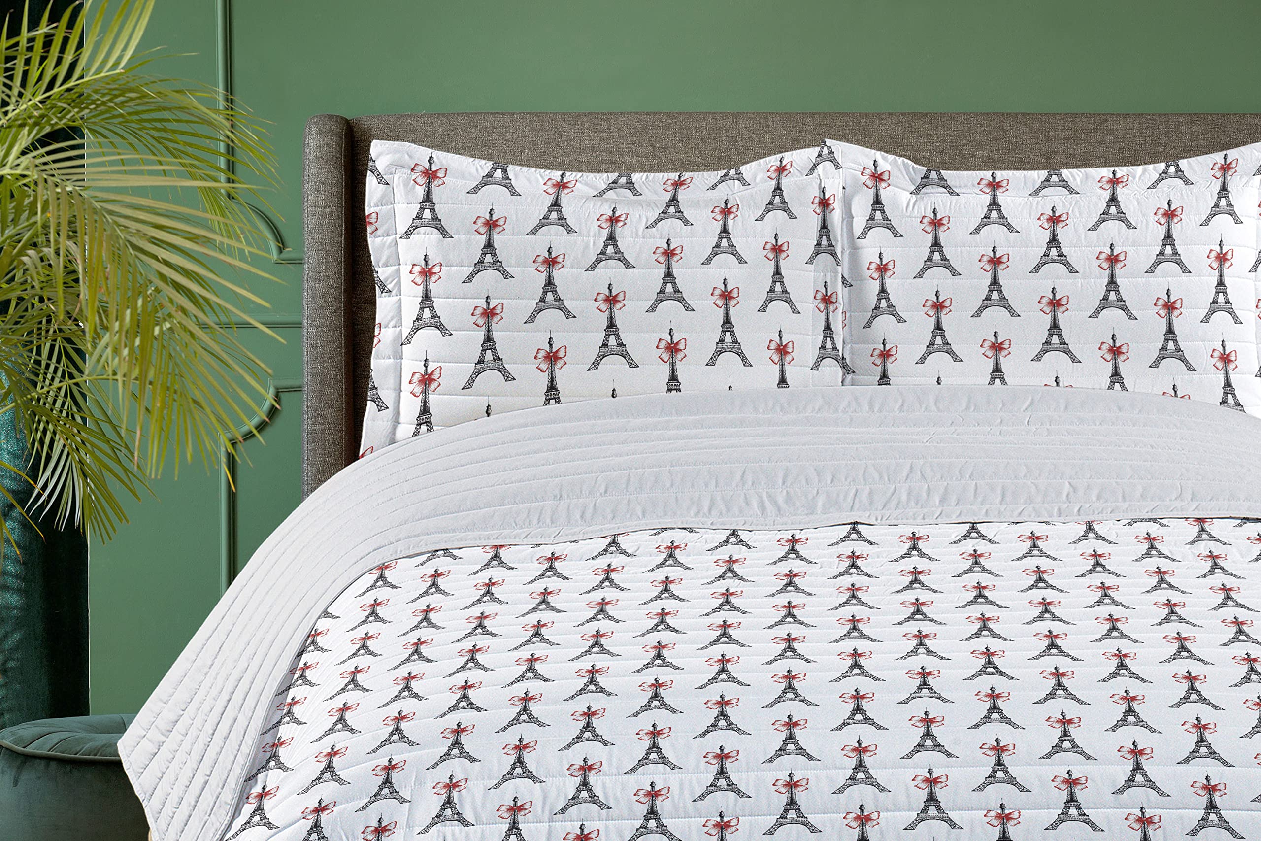 Ambesonne Eiffel Tower Microfiber Bedspread Set - Parisian Sketch Art Design with Bowties, Queen Size Soft Bedding Set Includes Comforter & Pillow Shams in Ruby Black White | Perfect for Paris-Themed Bedrooms, Travel Enthusiasts & Home Decor