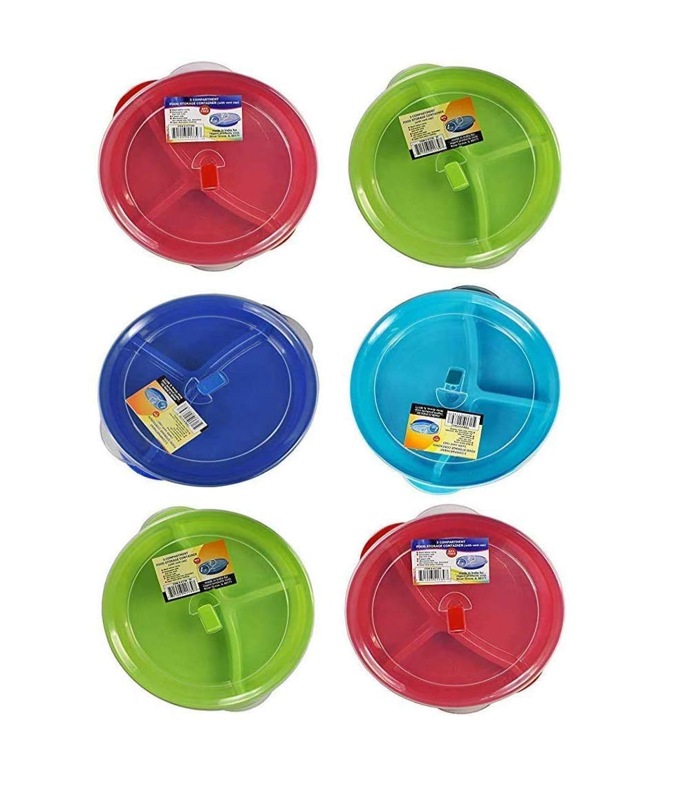 6-Pack Microwave-Safe Food Storage Containers with 3-Compartment Divided Trays & Vented Lids – BPA-Free Meal Prep Containers for Home, Office & School Lunch Organization