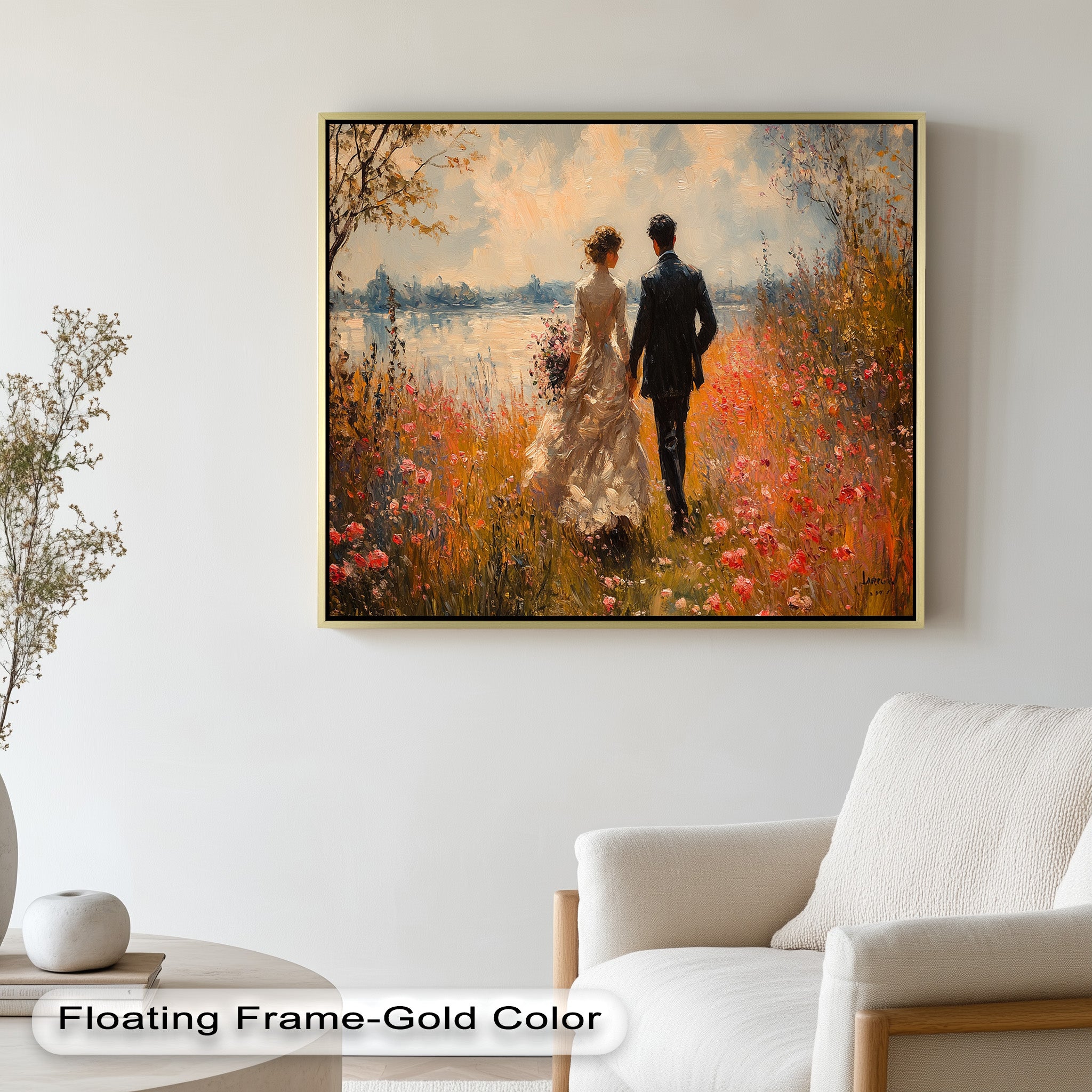 Impressionist Couple in Blooming Field Oil Painting - Romantic Wall Art for Living Room, Bedroom Decor - Perfect Gift for Anniversaries & Weddings