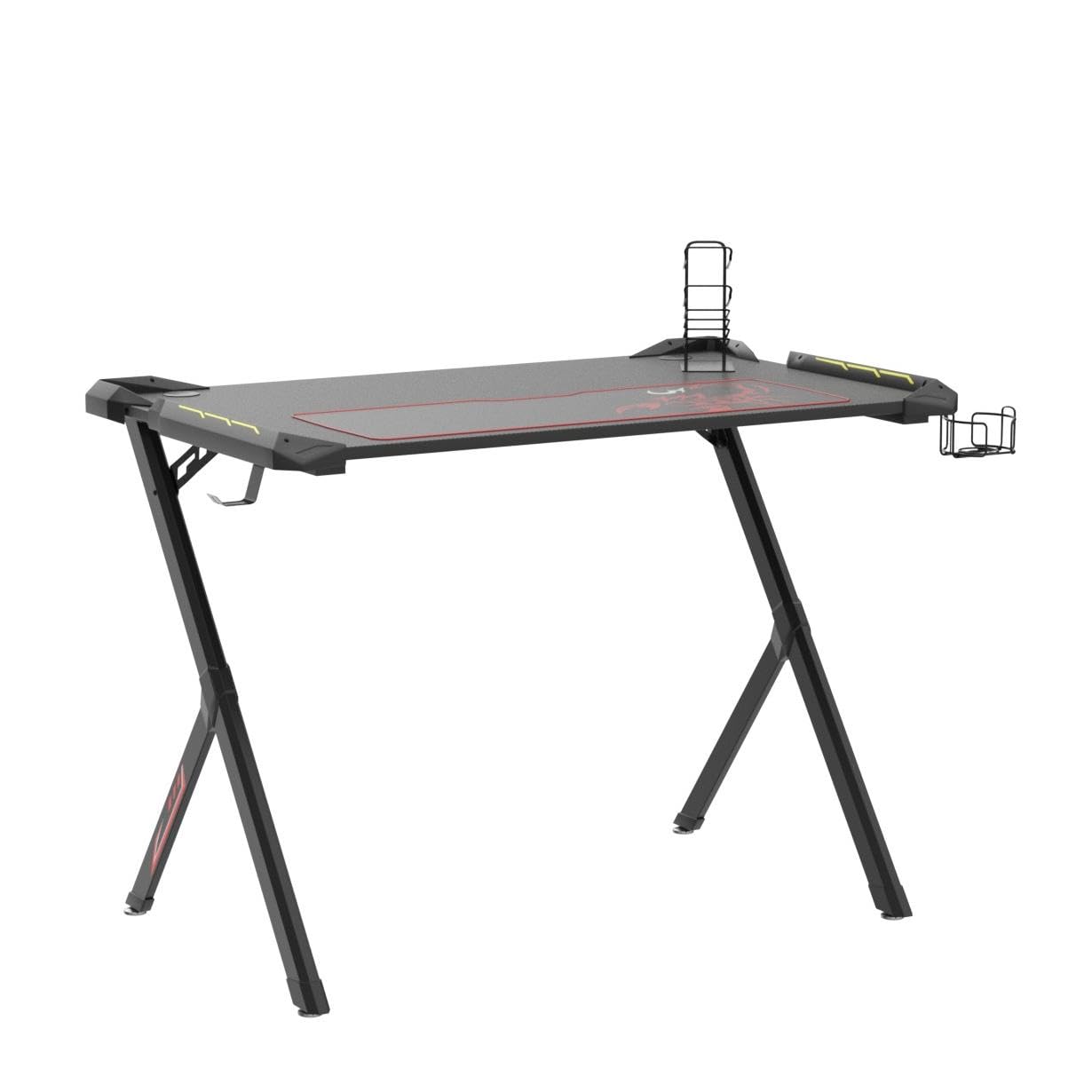 44.8 Inch DESIGNA LED Gaming Desk with USB Handle Rack - Ergonomic E-Sport Computer Desk with Free Mouse Pad, Cup Holder & Headphone Hook for Home Office - Perfect for PC Gaming, Streaming & Work Setup (Black)