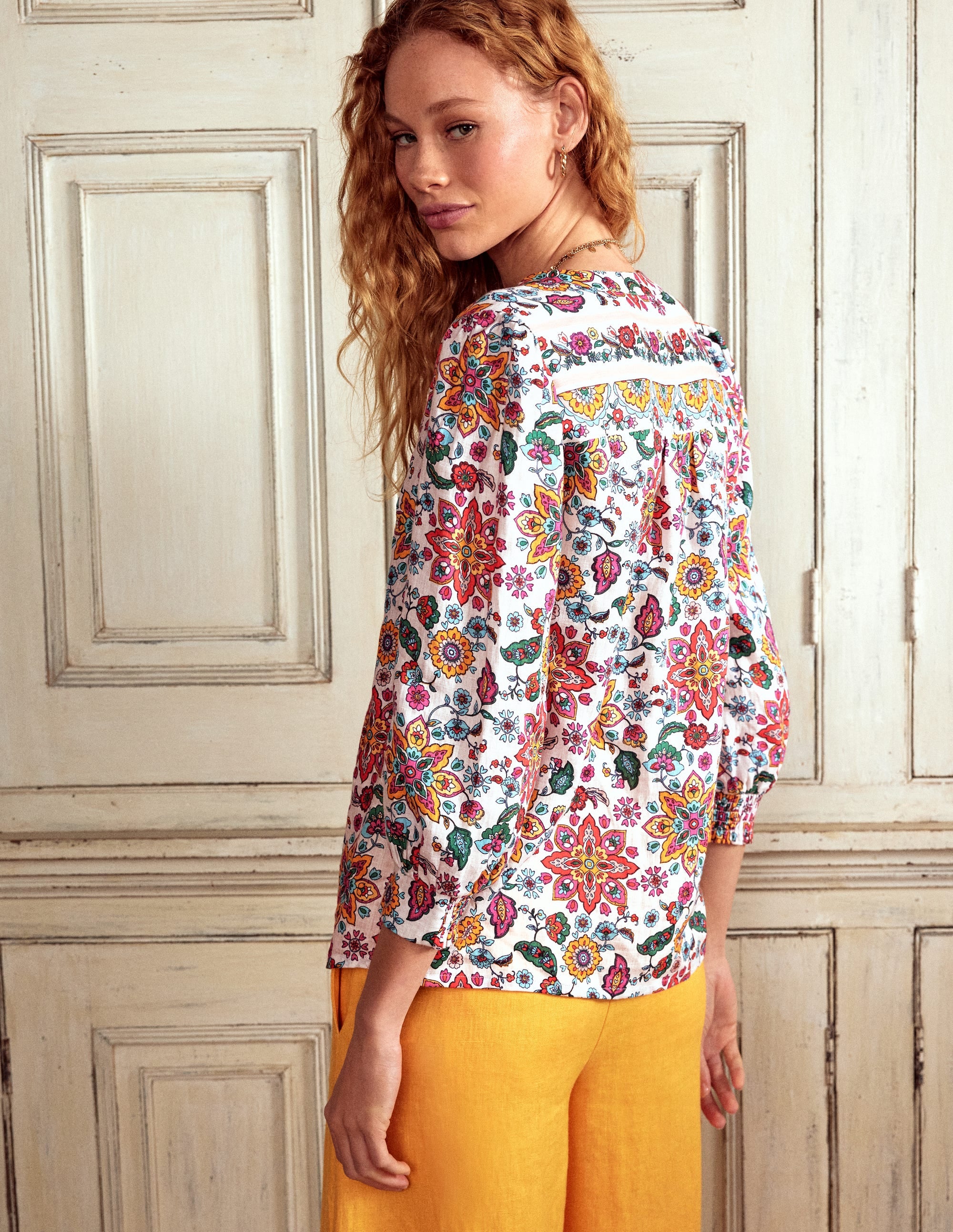Alicia Women's Linen Blouse Ivory Floral Print - Perfect for Summer Outfits, Beach Vacations & Casual Office Wear