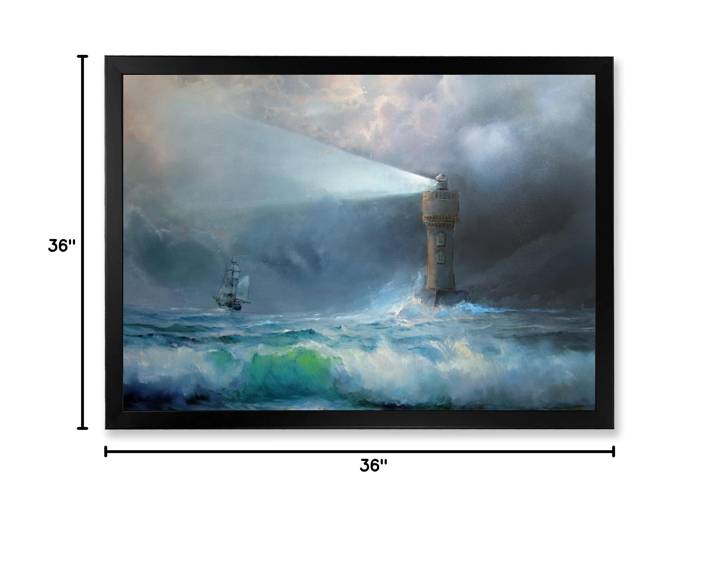 Lighthouse Shining Light During Stormy Night II - Nautical & Coastal Framed Wall Art for Living Room, Bedroom & Office Decor | Beach House & Coastal Theme Home Decor