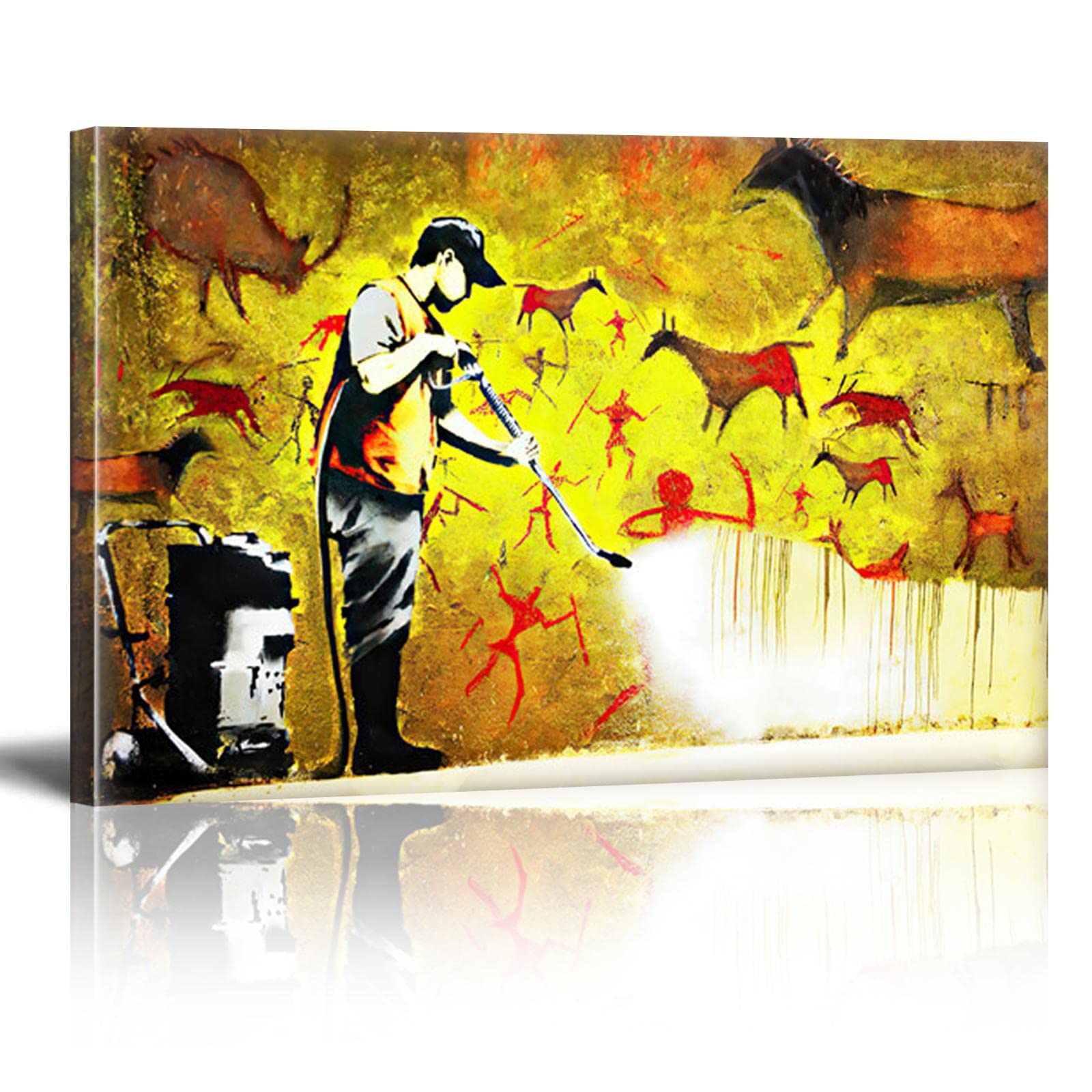 Banksy Cave Wall Graffiti Street Art Canvas Painting - Abstract Figure Poster Print Wall Art Picture (80x120cm/32×47 inches) with Inner Frame - Ready to Hang for Living Room, Bedroom & Office Decor