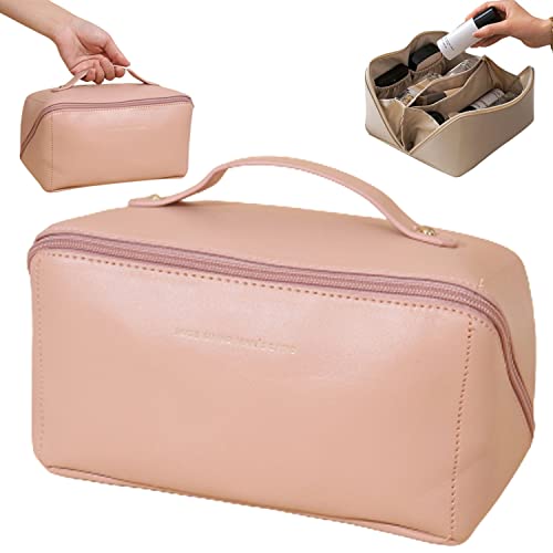 2022 New Large Capacity Travel Cosmetic Bag - PU Leather Waterproof Makeup Organizer with Handle & Divider | Portable Toiletry Bag for Skincare, Cosmetics & Toiletries | Perfect for Travel, Gym & Daily Use (Pink)