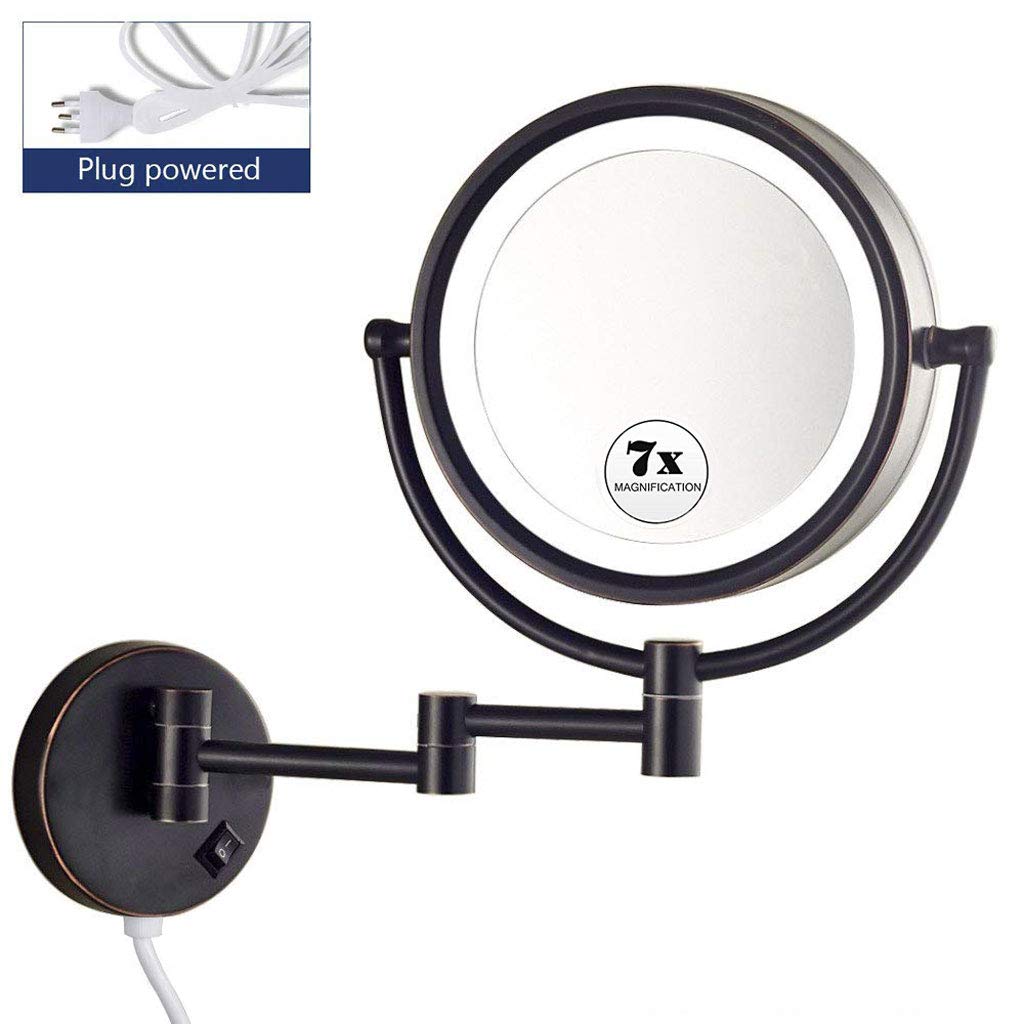KWEE 8 Inch Wall Mount Makeup Mirror with Lights - Double Sided Magnifying Mirror (7X) for Bathroom - Oil-Rubbed Bronze Finish & Extendable Design | Perfect for Vanity, Dressing Room & Professional Makeup Application