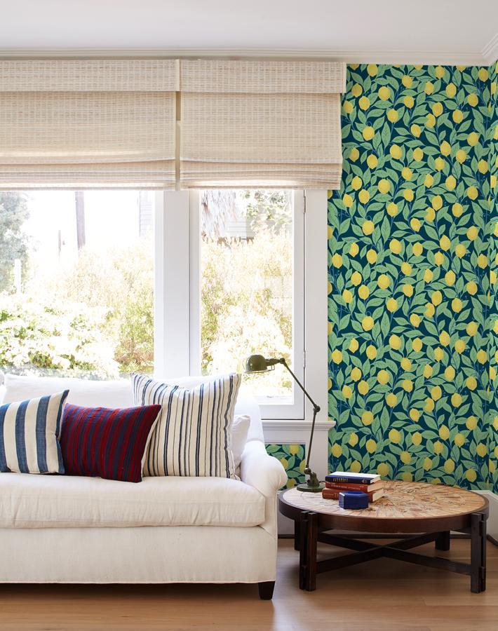 Lemons Wallpaper by Nathan Turner - Indigo Blue Floral Peel & Stick Wallpaper for Kitchen, Bathroom, and Home Decor