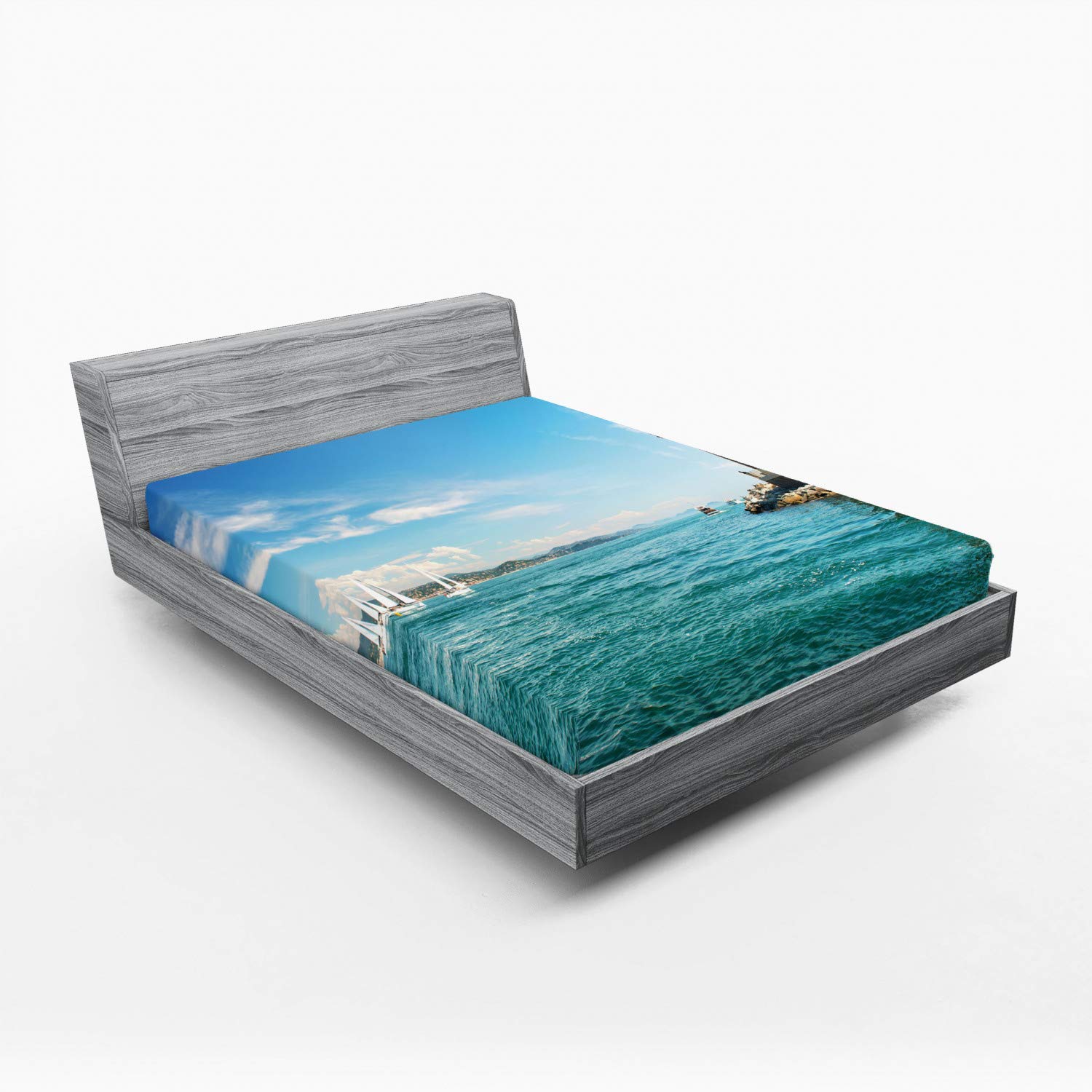 Ambesonne Lighthouse Fitted Sheet - Full Size Coastal Seascape Bedding with Deep Pocket, Sailboat & Island Design - Perfect for Beach House, Guest Room & Nautical Themed Decor