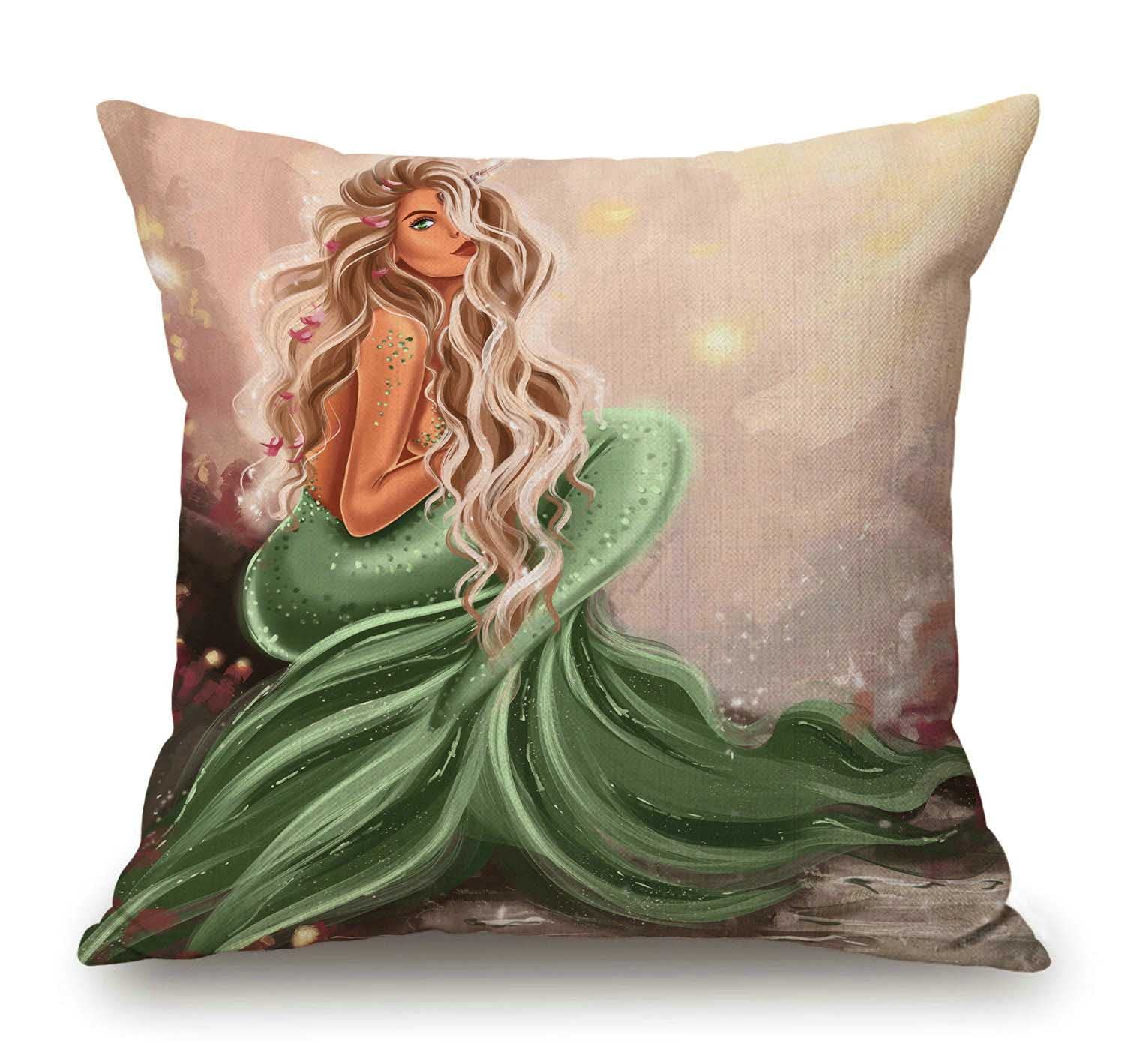 Mermaid Throw Pillow Cover - 18x18 Inch Decorative Cushion Case with Sunbathing Mermaid Design for Sofa, Couch, Bedroom & Outdoor Use